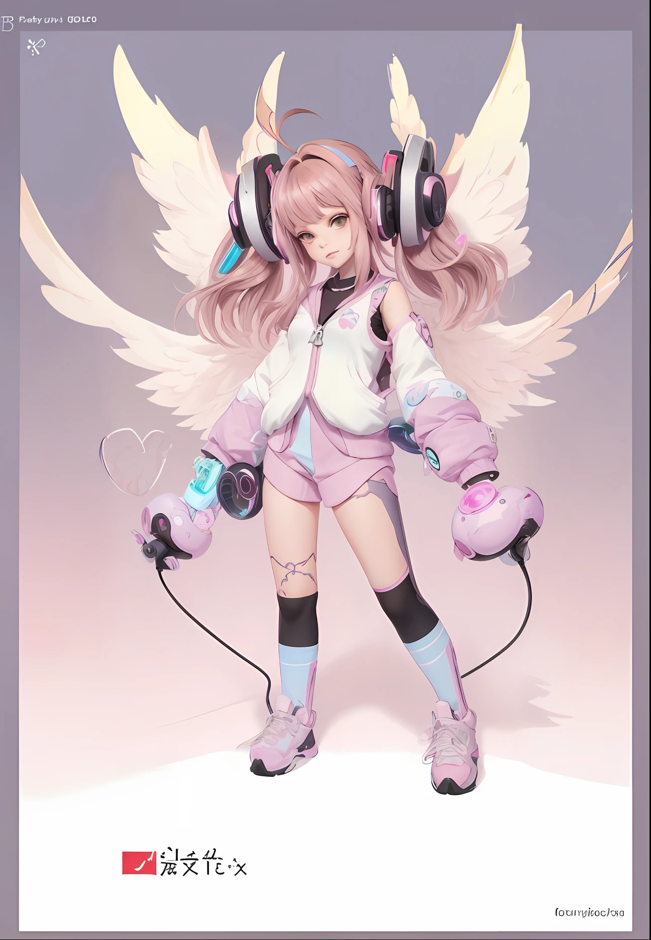 (full body standing), full body shot angel monstar in pastel color, cute monster in pastel color, cyberpunk character design, full body written in software, anime game character, full body written in software, very beautiful face, full body. headphone. Brown hair. 2D game animation full body standing. dynamic, vector art, fantasy art, hard black border, bokeh, Adobe Illustrator, hand drawing, digital painting, low poly,