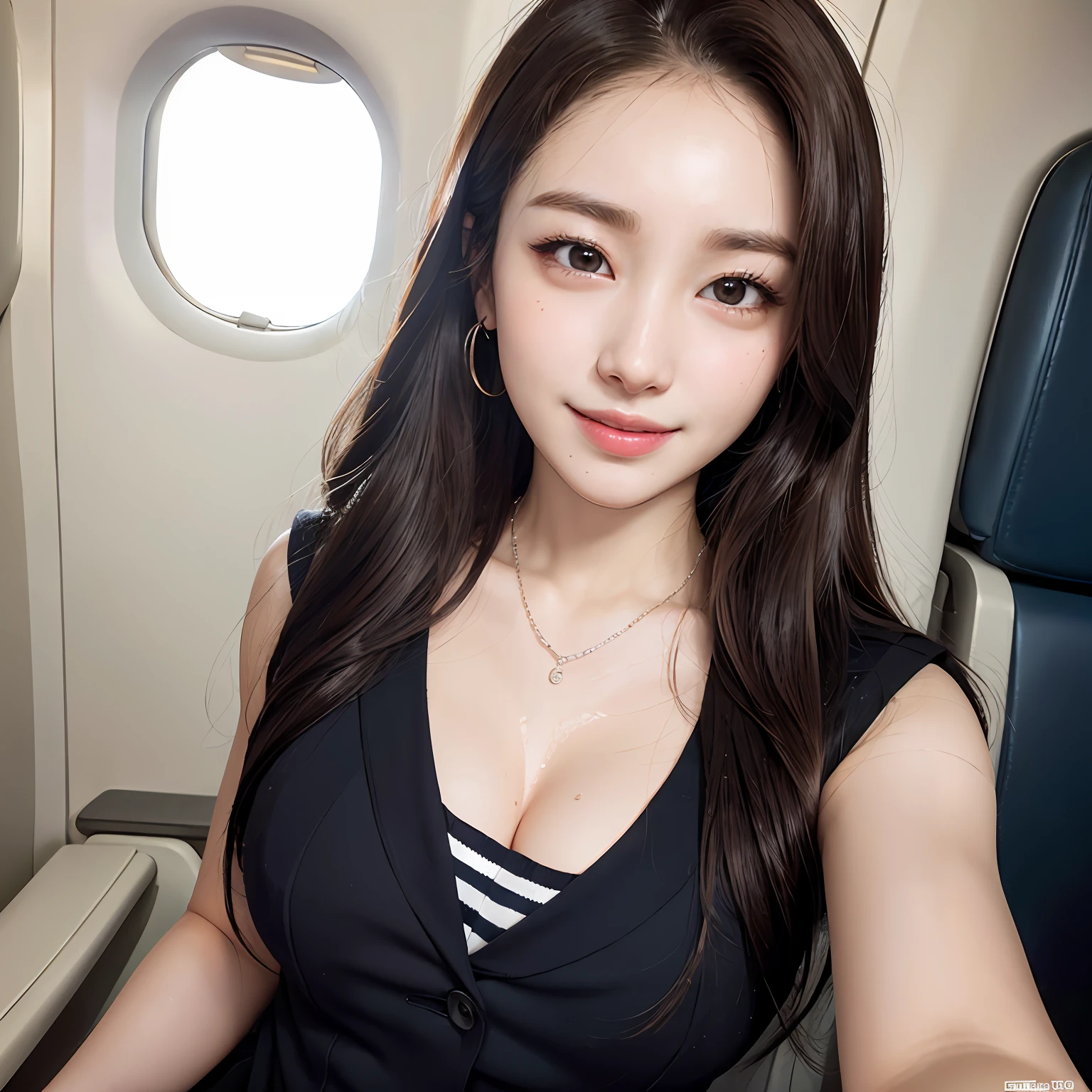 (high-ponytail Hairstyle、hair wavy、dark brown hair)、(While wearing the cabin attendant uniform:1.2)、(Innocent and classy girl)、medium large breasts、(in an airplane cockpit)、(embarrassing smile:1.2)、((Fulll body Shot:1.2))、(Sexy selfie pose on Instagram:1.2)、(top-quality、8K、​masterpiece:1.3)、Raw photography、realisitic、Photorealsitic、West Constitution、Beautiful legs、acurate、tre anatomically correct、 Highly detailed facial and skin texture、A detailed eye、二重まぶた、Natural cheeks、Wet eyes、shiny little necklace and earrings,、shiny lip:1.4、Constriction of the lower back、Beautiful legs、Healthy skin、
