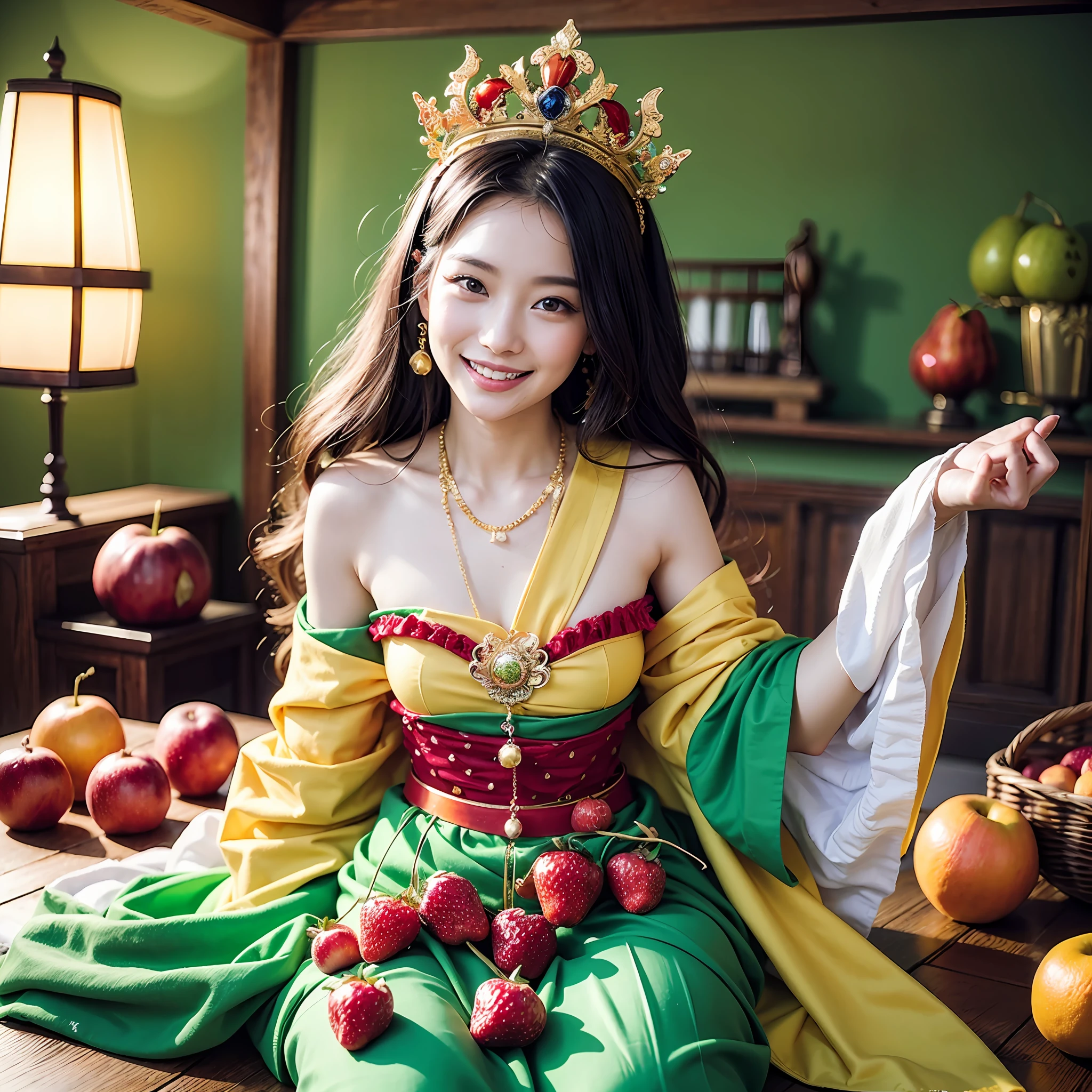 masterpiece、top-quality、realisitic、Photorealsitic、Fruit-themed kingdom、Fruit-themed castle、Princess in fruit-themed dress、A Japanese Lady、Fruit Accessories、Fruit Jewelry、Surrounded by lots of fruit、Mixed Fruit Tower、Bright décor、A smile、dynamic ungle、动态照明