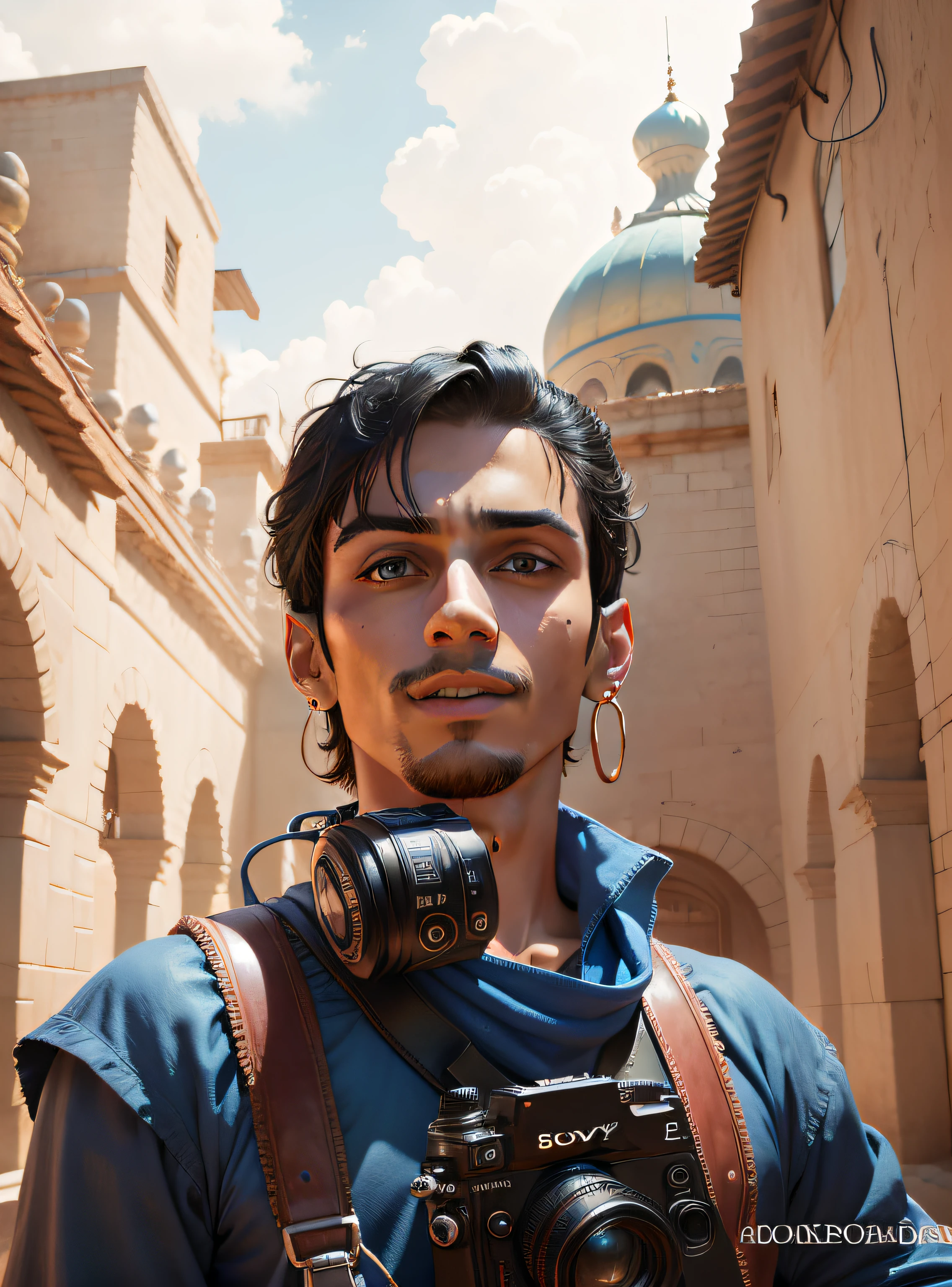 Cartoony,Aladdin,k hd,photographers,Look ahead,eyes are blue,There is a Sony camera on the chest,Camera HD,Two headphones hung around his neck,The sky is blue,No earrings in English plus title Special photographer