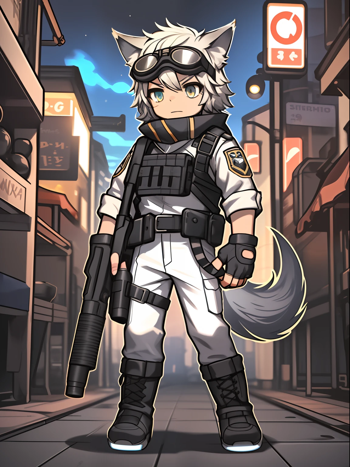 Game CG，((younge boy))，(juvenile sense)，Short silver hair，Wolf ears，Slim figure，Wolf tail，Battle damage，protective goggles，Fingerless gloves，Hold a pistol，Secret Service Group，White police uniform，White uniform trousers，Black tactical vest，Blue dye，Tactical belt，Heavy machine boots，Fight，Run，Bright light，the street