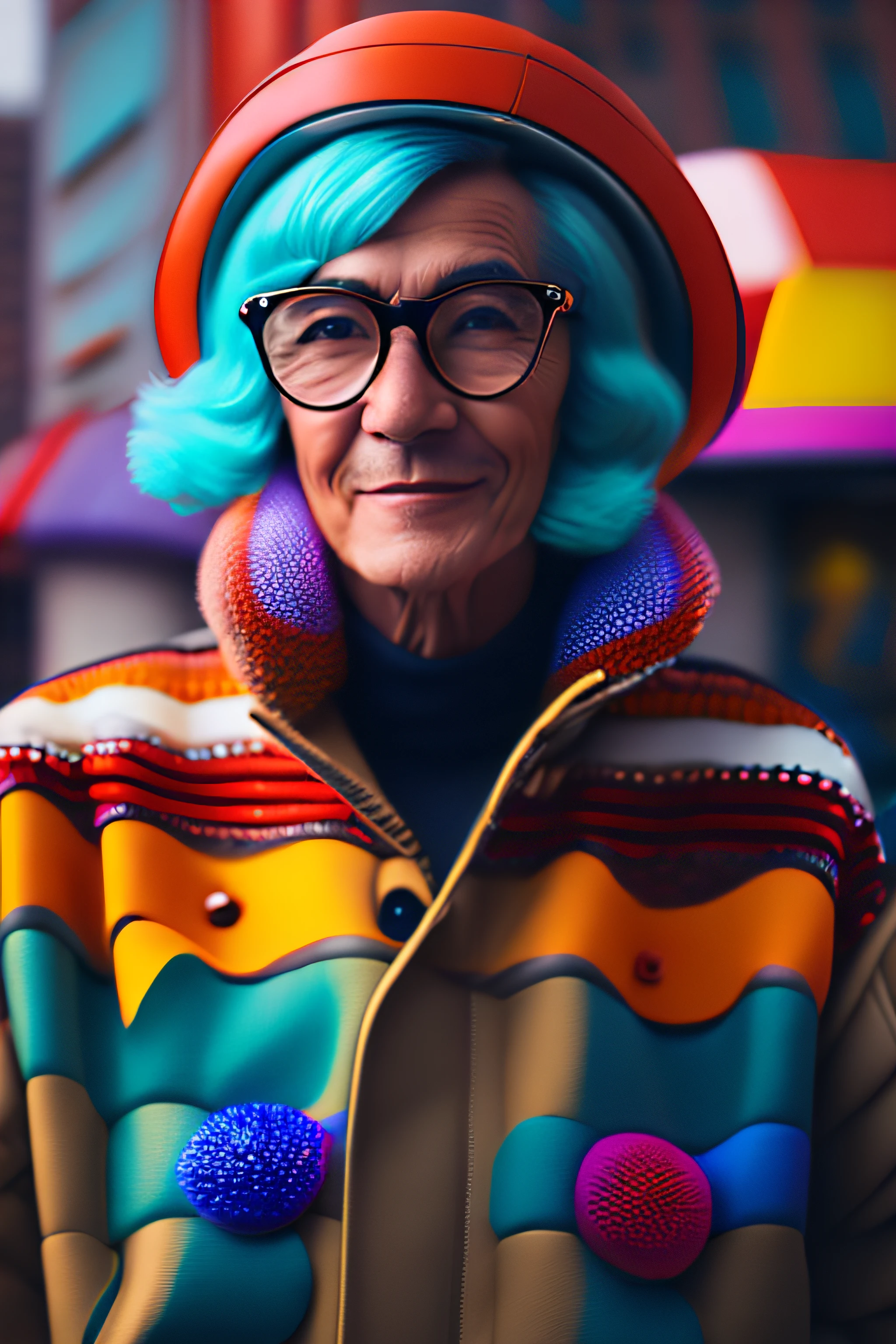 (fashionista portrait old american man, 1950s with intricate colorful modern bright colored glasses), c0lorful cute hair, smiling expression, (extremely detailed digital photography: 1.2), standing in the middle of the city, ((((full body)))), raw image,, Hasselblad, 50asa, f8, 12mm, glow effects, godrays, hand drawn, render, 8k, octane render, 4d cinema, blender, dark, atmospheric 4k ultra detailed,  sensual cinematic, sharp focus, humorous illustration, great depth of field, masterpiece, colors, 3d octane rendering, 4k, concept art, trend in artstation, hyperrealistic, vivid colors, rim light, extremely detailed CG 8k wallpaper unit, trend in ArtStation, trend in CGSociety, Pop Art style by Yayoi Kusama, Intricate, High Detail, dramatic
, pure energy, light particles, sci-fi