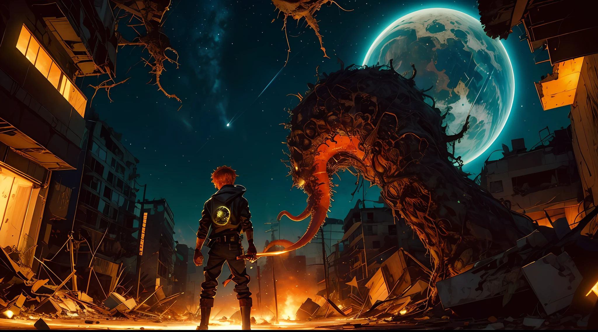 many monsters in a destroyed city, cosmic horror background, tentacles, ambiente escuro, noite, horror, sangue, genial, medo, panicking, desespero,um ,(4k, foto RAW, alta qualidade),(Epic realistic), 1menino,boy, cabelo castanho, ((olhos amarelos brilhantes)), fotorrealismo, slim appearance,menino, with energy sword in hand, close, corpo inteiro,centro da pagina,aliens a redor, detalhes intrincados, cinemactic, cores suaves e detalhadas,sobrevivente de um apocalipse nuclear,( apenas 1,garoto) aspecto brasileiro, cabelos enrolados,curtos,olhos castanhos,com uma ((espada)) shining brightly in his right hand,cena de fundo,A destroyed city in red and orange colors.destroyed by extraterrestrials
