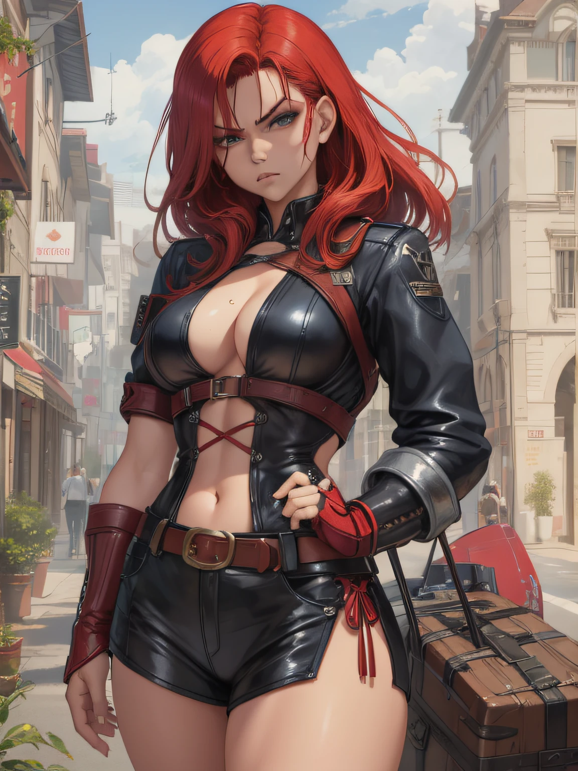 Uma guerreira mulher ruiva musculosa quase nua no estilo artgerm, anime girl, angry face