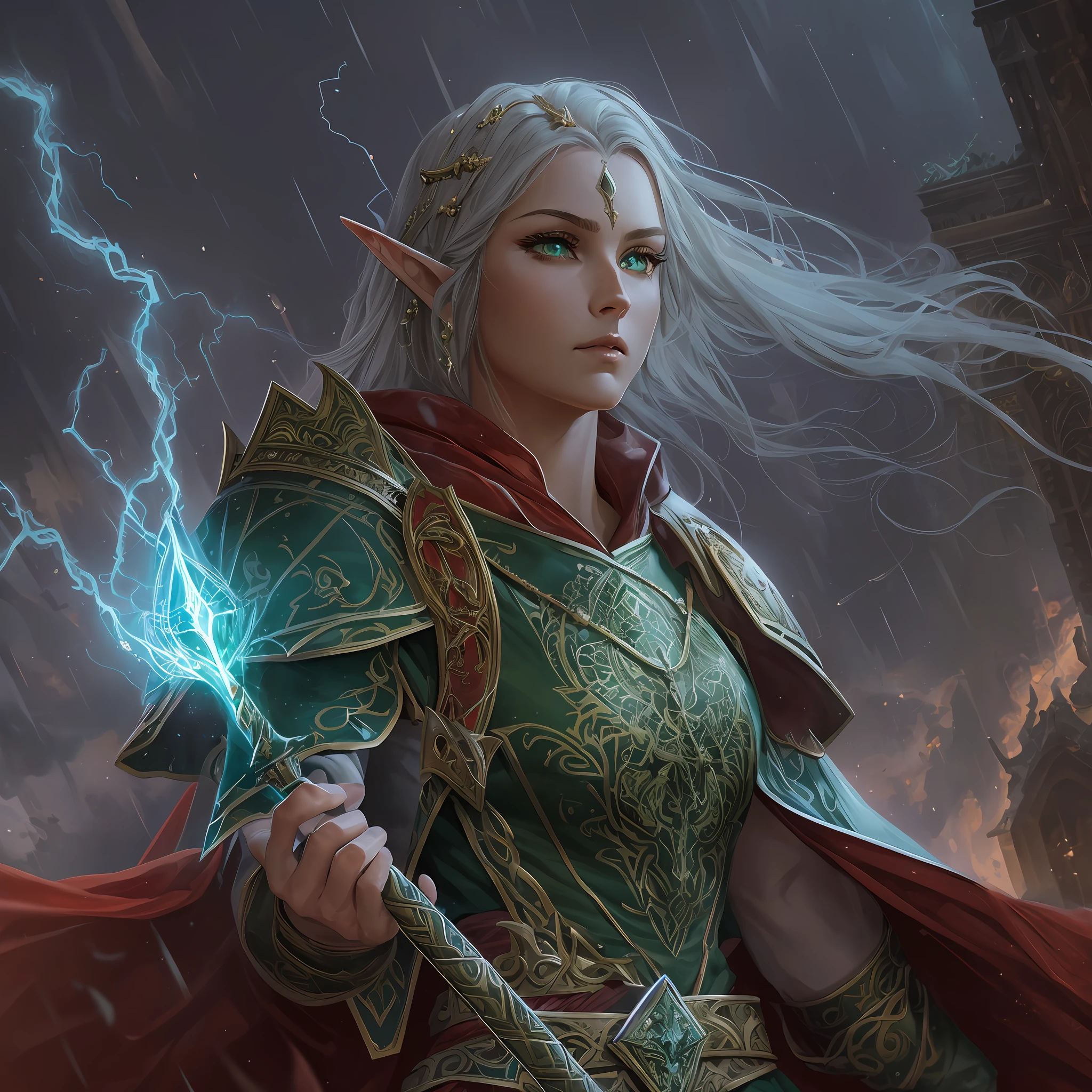 high details, best quality, 8k, [ultra detailed], masterpiece, best quality, (extremely detailed), dynamic angle, ultra wide shot, photorealistic, fantasy art, dnd art, rpg art, realistic art, an ultra wide picture of female elf cleric, holding a hammer, hammer in ligor with lightning sigils (1.5 intese details, Masterpiece, best quality), red cloak (1.5 intricate details, Masterpiece, best quality), holy htning, casting a spell, yellow magical lightning (1.5 intricate details, Masterpiece, best quality), wearing black armor, plate mail armor, elven armsymbol, blue light from symbol, black hair (1.5 intese details, Masterpiece, best quality), short hair, small pointed eard, intense eyes, green eyes, D&D female elf (1.5 intricate details, Masterpiece, best quality) fantasy temple background, lightning storm background, ((divine worship atmosphere)), high details, best quality, highres, ultra wide angle