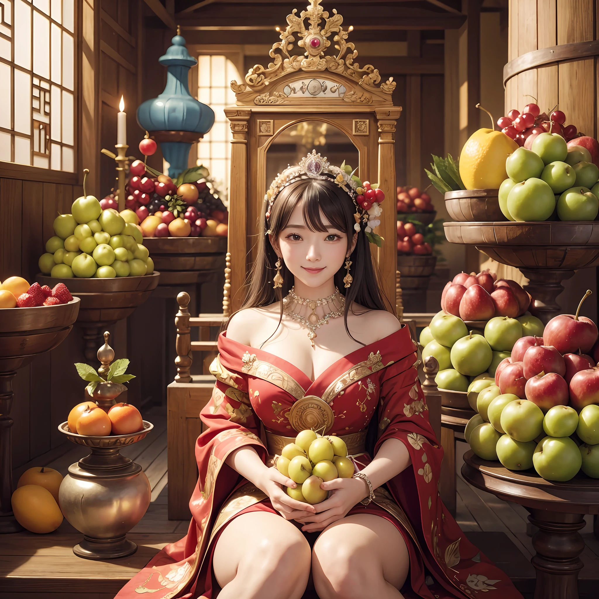 masterpiece、top-quality、realisitic、Photorealsitic、Fruit-themed kingdom、Fruit-themed castle、Princess in fruit-themed dress、A Japanese Lady、Fruit Accessories、Fruit Jewelry、Surrounded by a large number of fruits、Mixed Fruit Tower、Bright décor、A smile、dynamic ungle、动态照明