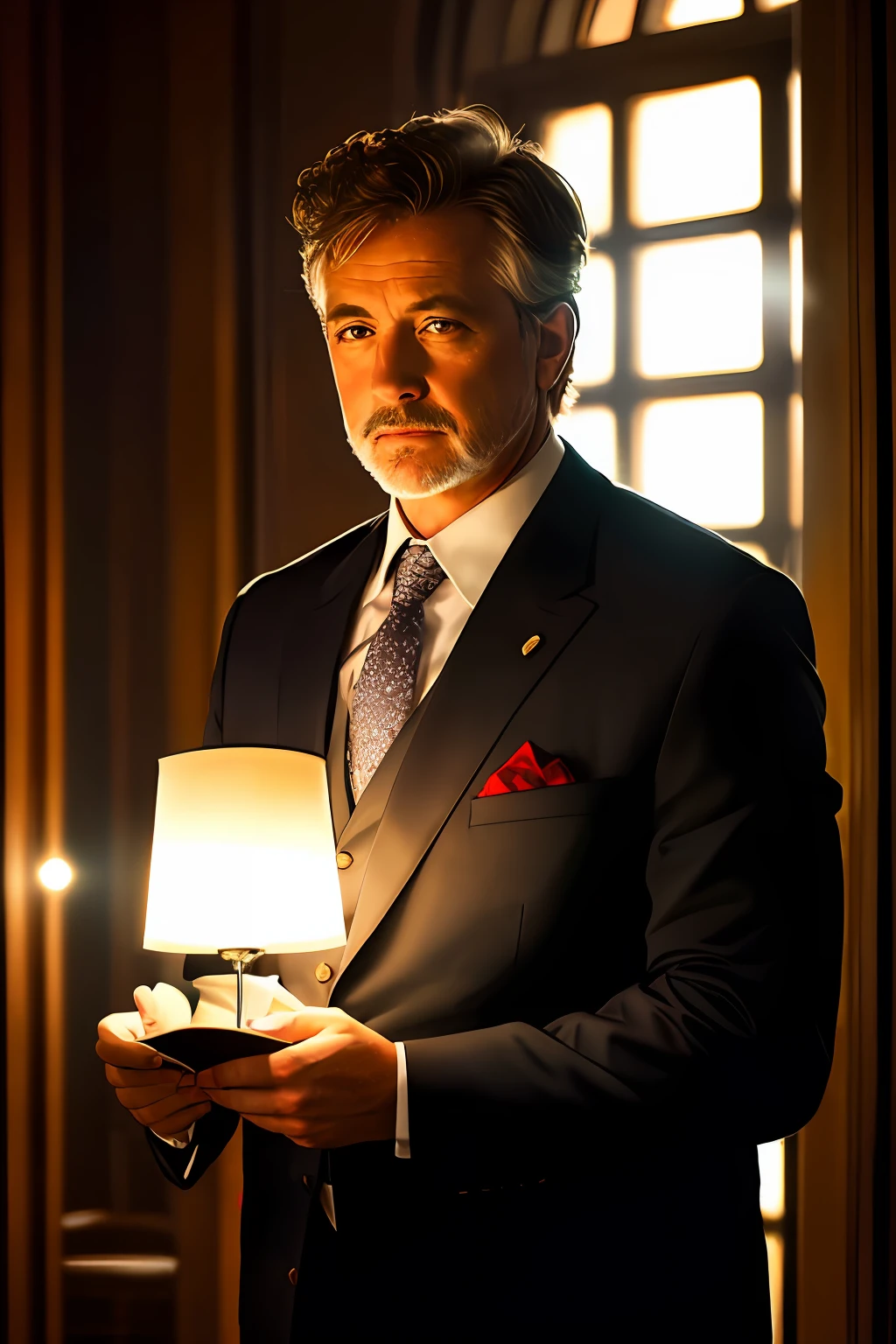 Man of advanced age, biblical character combed hair, de terno em uma sala cheio de livros sentado, Lighting-Gold (ambiente sombrio e sombrio: 1.2) (obra-prima: 1.2) (fotorrealista: 1.2) (bokeh) (melhor qualidade) ( pele detalhada:1.2) (detalhes intrincados) (Clutter-Home) (8k) (HDR) (cinematic lighthing) (foco nítido)