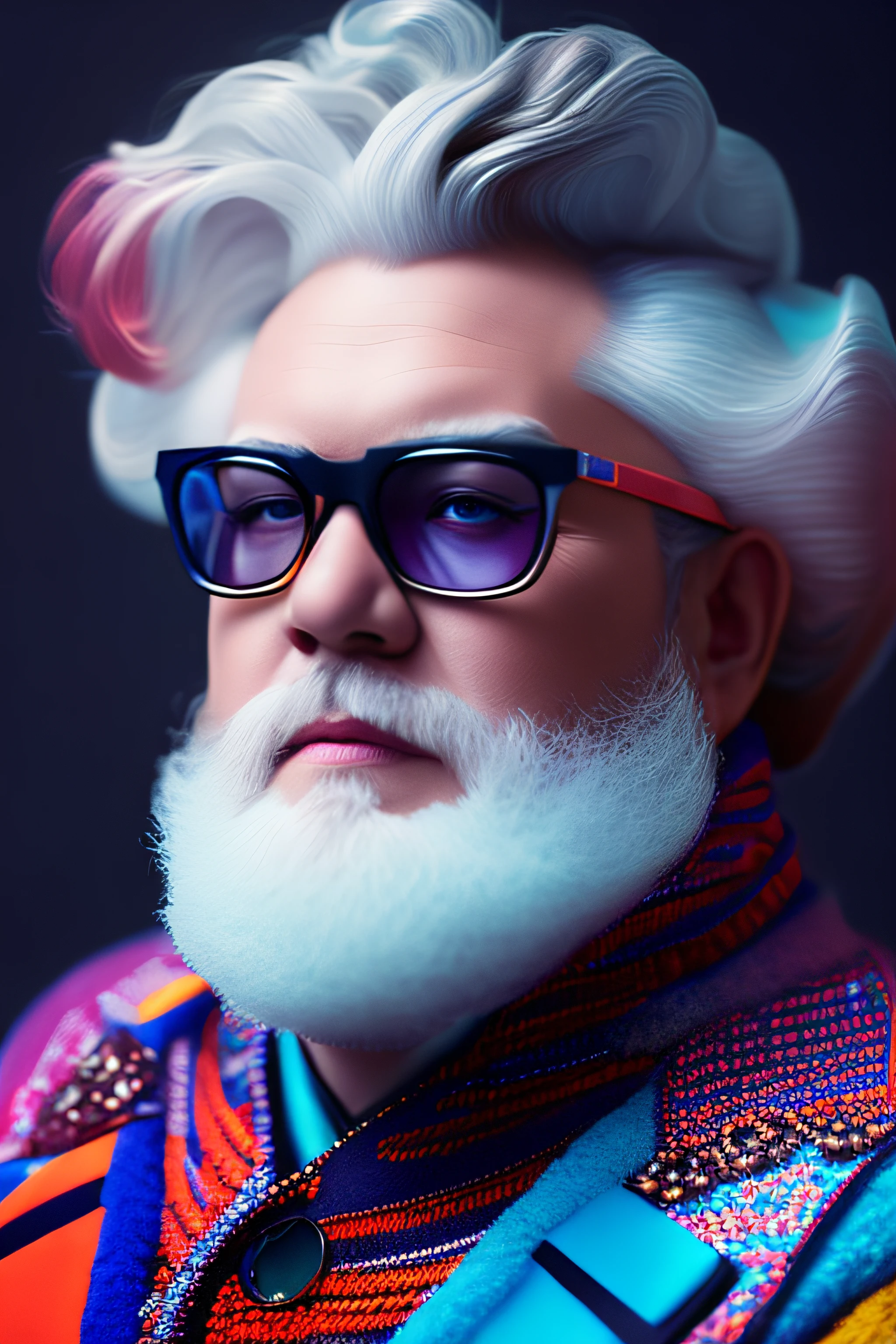 (fashionista portrait fat and very old american man, 1950s with intricate colorful modern bright colored glasses), colorful fluffy hair, serious expression (extremely detailed digital photography: 1.2), standing in the middle of the city, ((((full body)))), raw image,, Hasselblad, 50asa, f8, 12mm, glow effects, godrays, hand drawn, render, 8k, octane render, cinema 4d, blender, dark, atmospheric 4k ultra detailed, sensual cinematic, sharp focus, humorous illustration, great depth of field, masterpiece, colors, 3d octane rendering, 4k, concept art, trend in artstation, hyperrealistic, vivid colors, rim light, extremely detailed CG 8k wallpaper unit, trend in ArtStation, trend in CGSociety, Pop Art style by Erik Madigan Heck, Intricate, High Detail, dramatic, pure energy, light particles, sci-fi