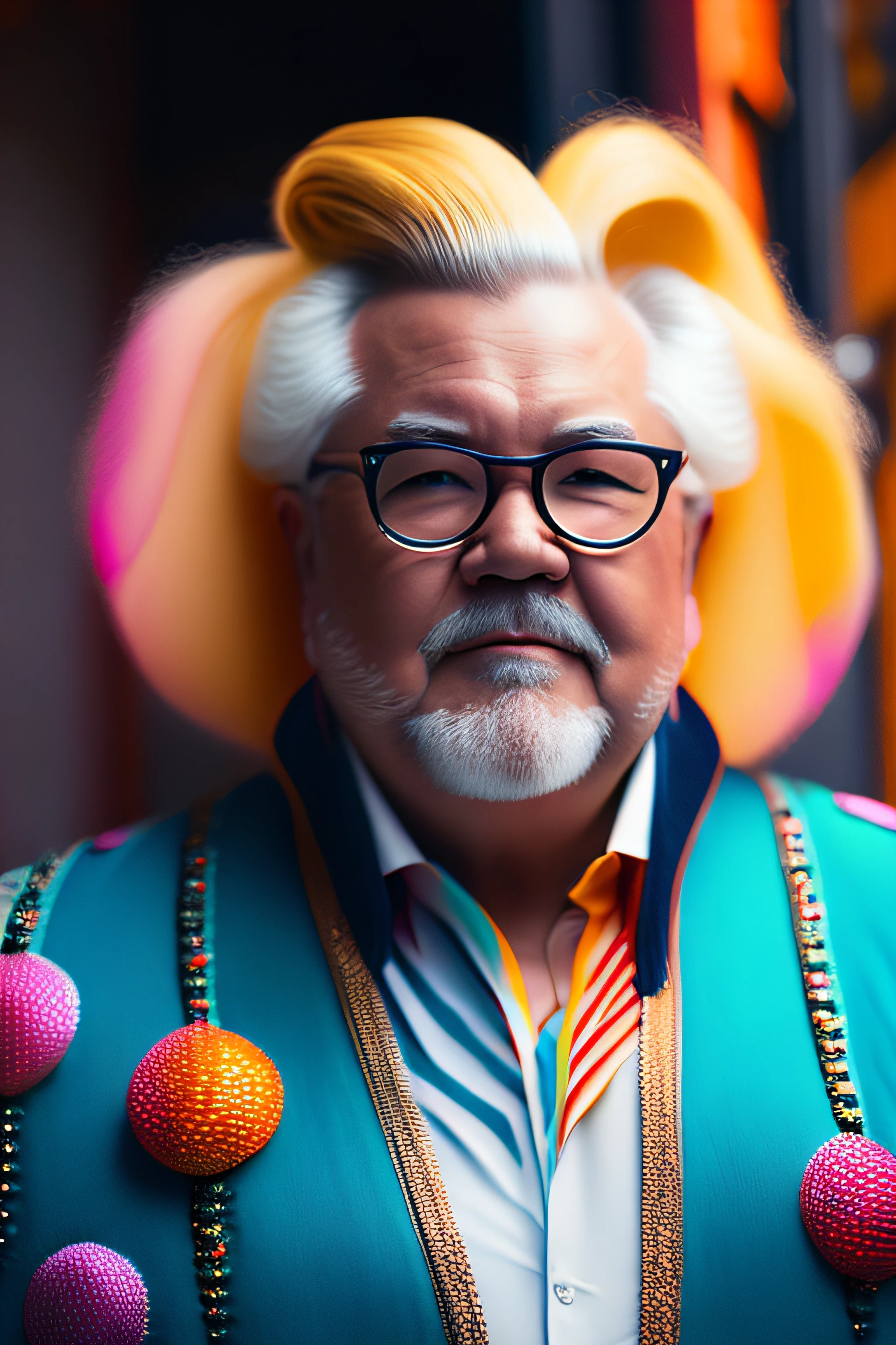 (fashionista portrait fat and very old american man, 1950s with intricate colorful modern bright colored glasses), colorful fluffy hair, serious expression (extremely detailed digital photography: 1.2), standing in the middle of the city, ((((full body)))), raw image,, Hasselblad, 50asa, f8, 12mm, glow effects, godrays, hand drawn, render, 8k, octane render, cinema 4d, blender, dark,  atmospheric 4k ultra detailed, sensual cinematic, sharp focus, humorous illustration, great depth of field, masterpiece, colors, 3d octane rendering, 4k, concept art, trend in artstation, hyperrealistic, vivid colors, rim light, extremely detailed CG 8k wallpaper unit, trend in ArtStation, trend in CGSociety, Pop Art style by Erik Madigan Heck, Intricate, High Detail,  dramatic, pure energy, light particles, sci-fi