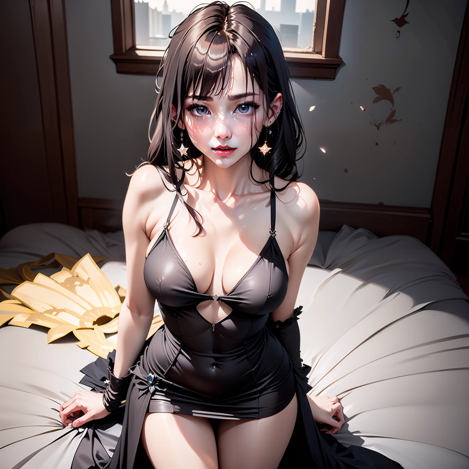 Calm, fair and flawless skin，Like a white paper，Full of mysterious eyes，Exotic silhouette，Until the apple-like red lips。 is wearing  dress，Reveals her delicate collarbone，It accentuates her girlish taste and slim silhouette。Slender body，Brunette hair，short detailed hair，Height 150cm，Weight 40kg，Measurements: 82 55 85，Wear gray roses，Pupil gray，The chest looks like it's just developed，Her whole body radiates a charming glow，More dazzling than a goddess，Like a model，It's better to be a child star，Naughty like a child，