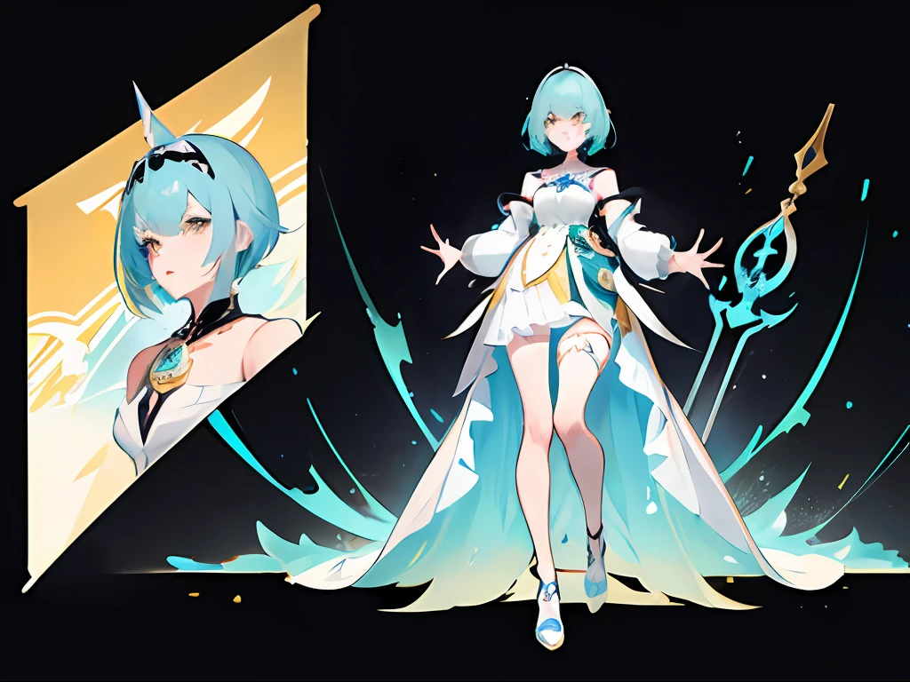 anime - style image of a woman with blue hair and a white dress, best anime 4k konachan wallpaper, portrait knights of zodiac girl, keqing from genshin impact, genshin impact character, anime art wallpaper 4 k, anime art wallpaper 4k, cushart krenz key art feminine, detailed key anime art, genshin, GenshinAvatar, ((full body)), (a woman with poofy short cyan hair and yellow eyes:1.4), highly_detailed, illustration, portrait, (((masterpiece))),(((bestquality))), (black_background:1.4), simple_background, highly intricate accessories, highly intricate clothes, white dress, gold trim, Lightblue hair, bright color, earrings, armor, shoulder armor, hairband, fear expression