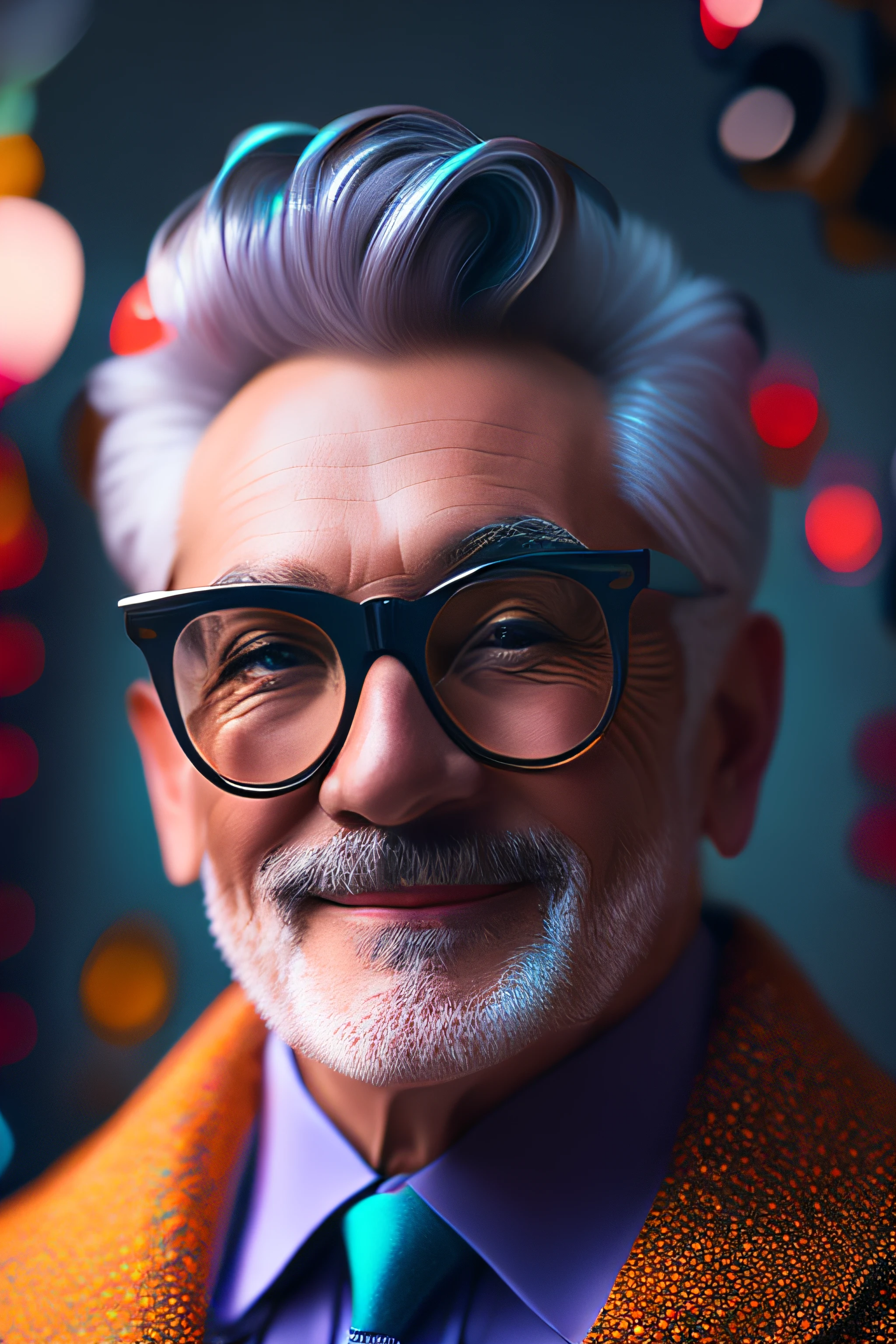 (fashionista portrait middle-aged man of the 1950s with intricate colorful modern bright colored glasses), hair with flowers, smiling expression, (extremely detailed digital photography: 1.2), standing in the middle of the city, (((full body))), raw image,, Hasselblad, 50asa, f8, 12mm, glow effects, godrays, hand drawn, render, 8k, octane render, cinema 4d, blender, dark, atmospheric 4k ultra detailed,  sensual cinematic, sharp focus, humorous illustration, great depth of field, masterpiece, colors, 3d octane rendering, 4k, concept art, trend in artstation, hyperrealistic, vivid colors, rim light, extremely detailed CG 8k wallpaper unit, trend in ArtStation, trend in CGSociety, Pop Art style by Yayoi Kusama, Intricate, High Detail, dramatic
, pure energy, light particles, sci-fi