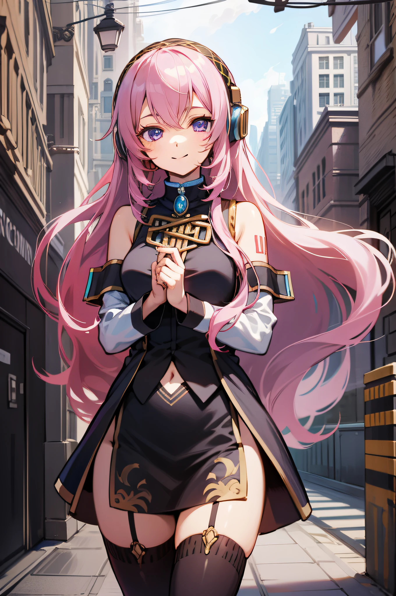 (masterpiece, best quality:1.2), solo, 1girl, megurine luka, smile, looking at viewer, headphones, lukadef, pelvic curtain, black thighhighs,street, purple eyes, shining lower half eyes