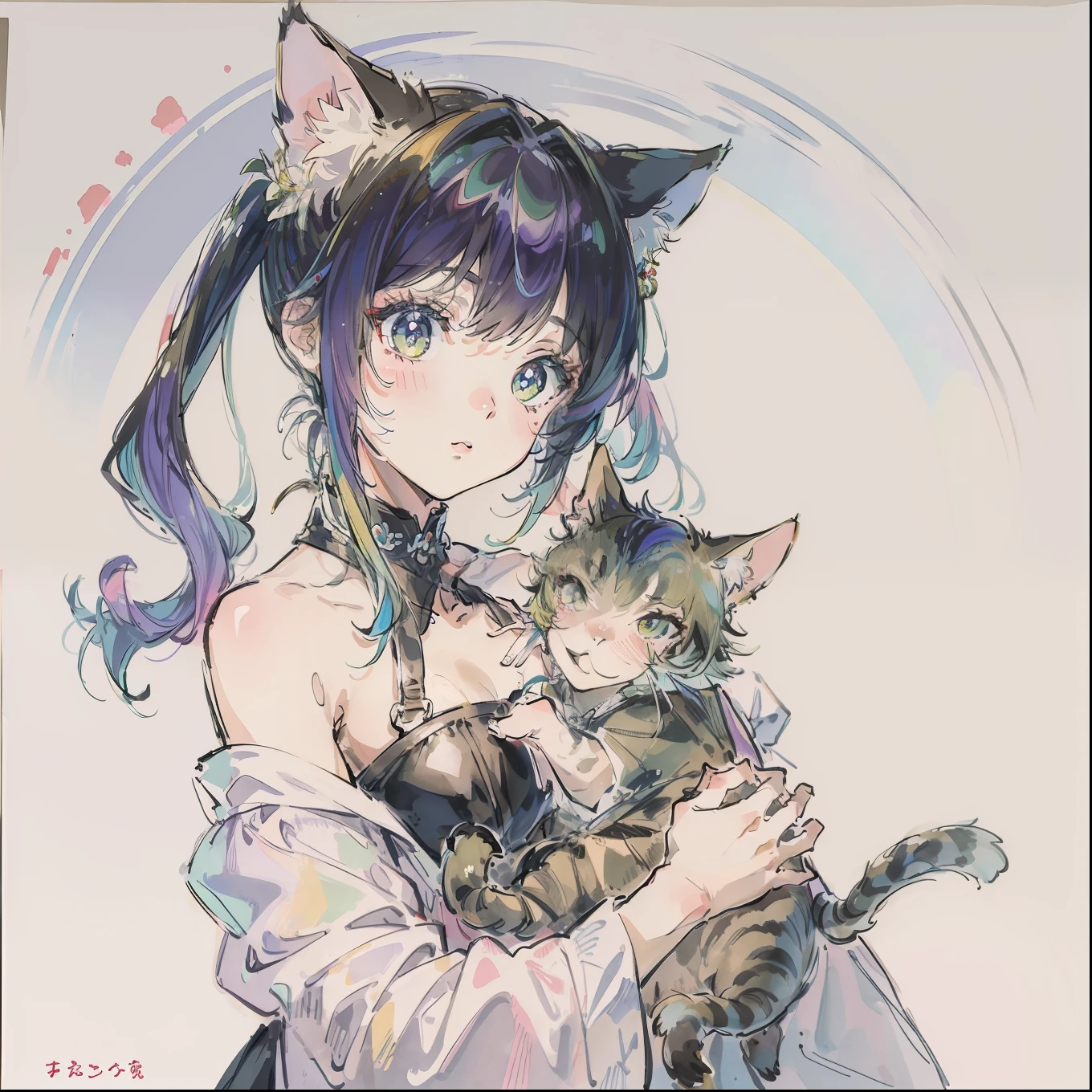 (top-quality、masterpiece)、A stunning、Take a cute cat、(rainbow-colored hair)、(Twin-tailed)