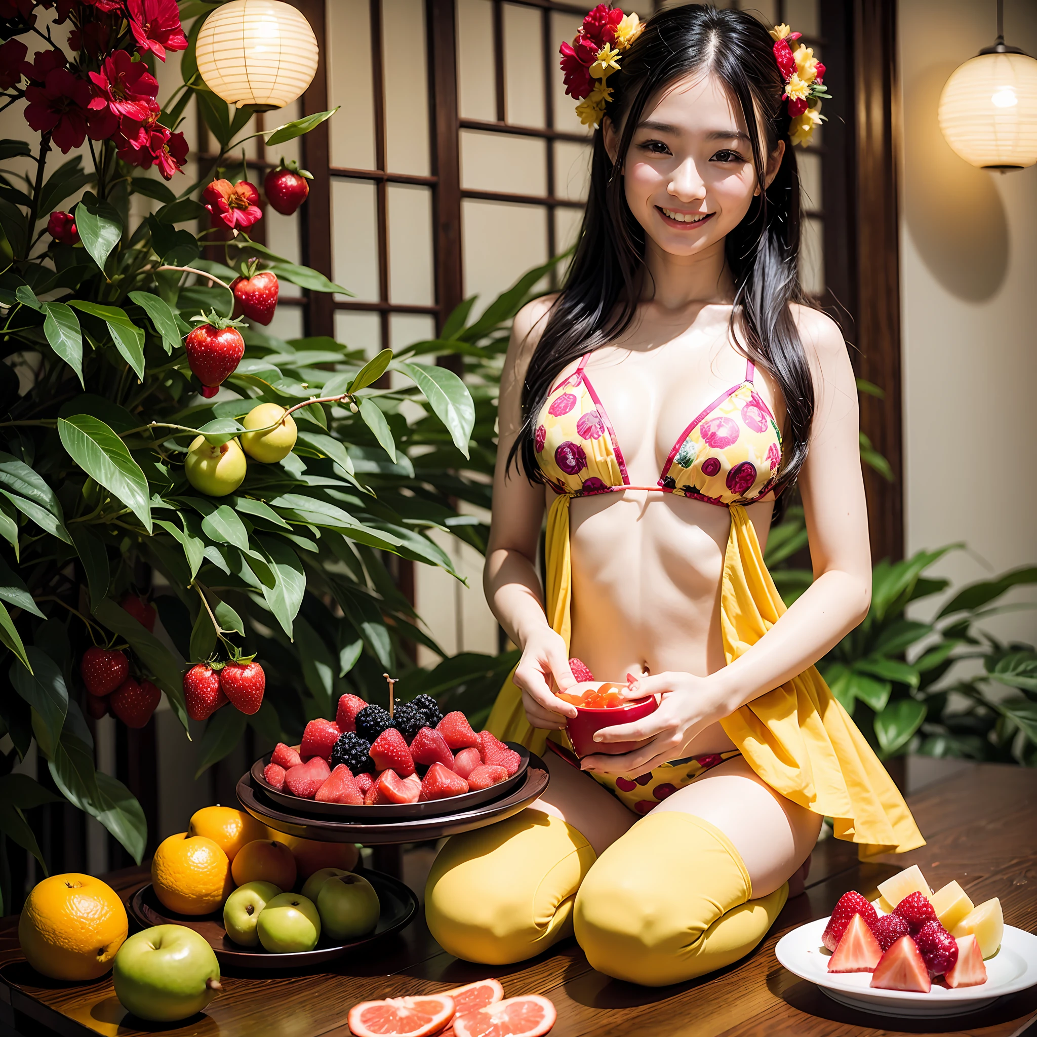 ​masterpiece、top-quality、realisitic、Photorealsitic、Fruit-themed paradise、Japan woman in fruit sexy swimsuit、、Eating fruit、Surrounded by lots of fruit、Fruit Tower、Bright décor、A smile、Joy、dynamic ungle、动态照明