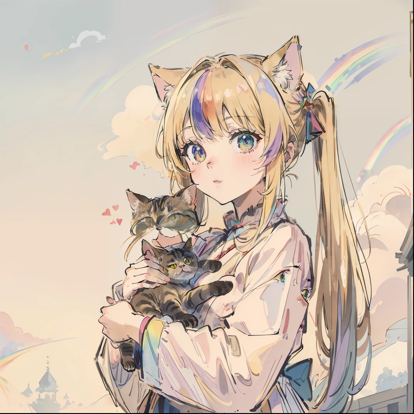 (top-quality、masterpiece)、A stunning、Take a cute cat、a blond(rainbow-colored hair)、(Twin-tailed)