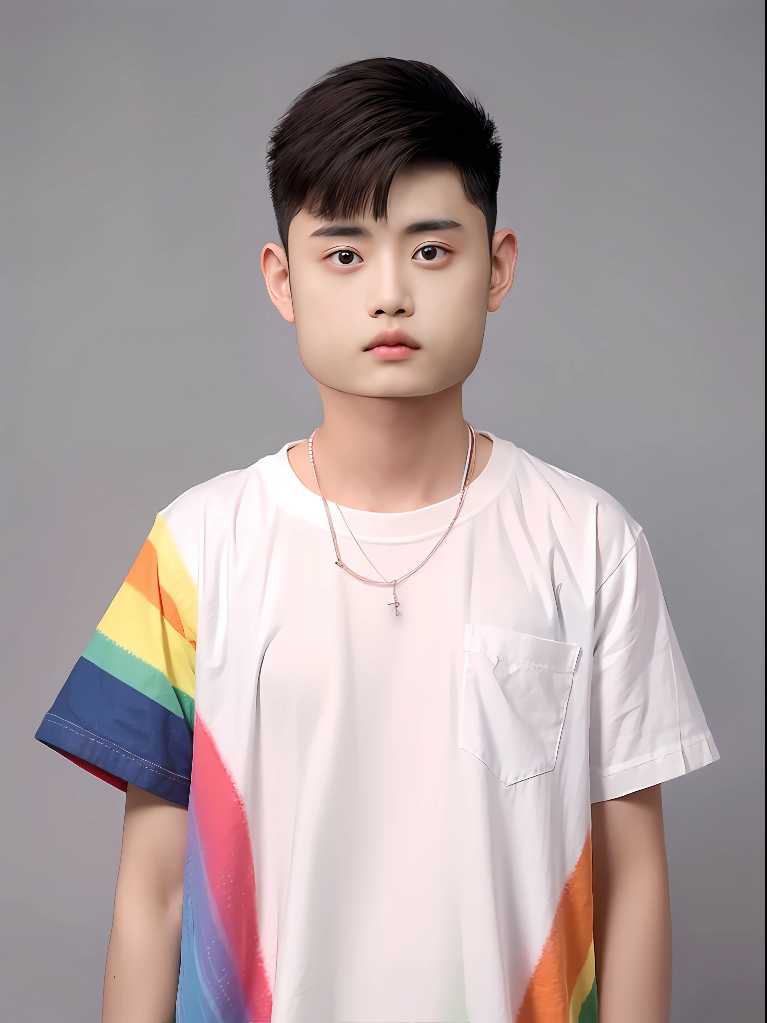 Chinese boy,Wear short sleeves of rainbow cotton cotton,There are pockets