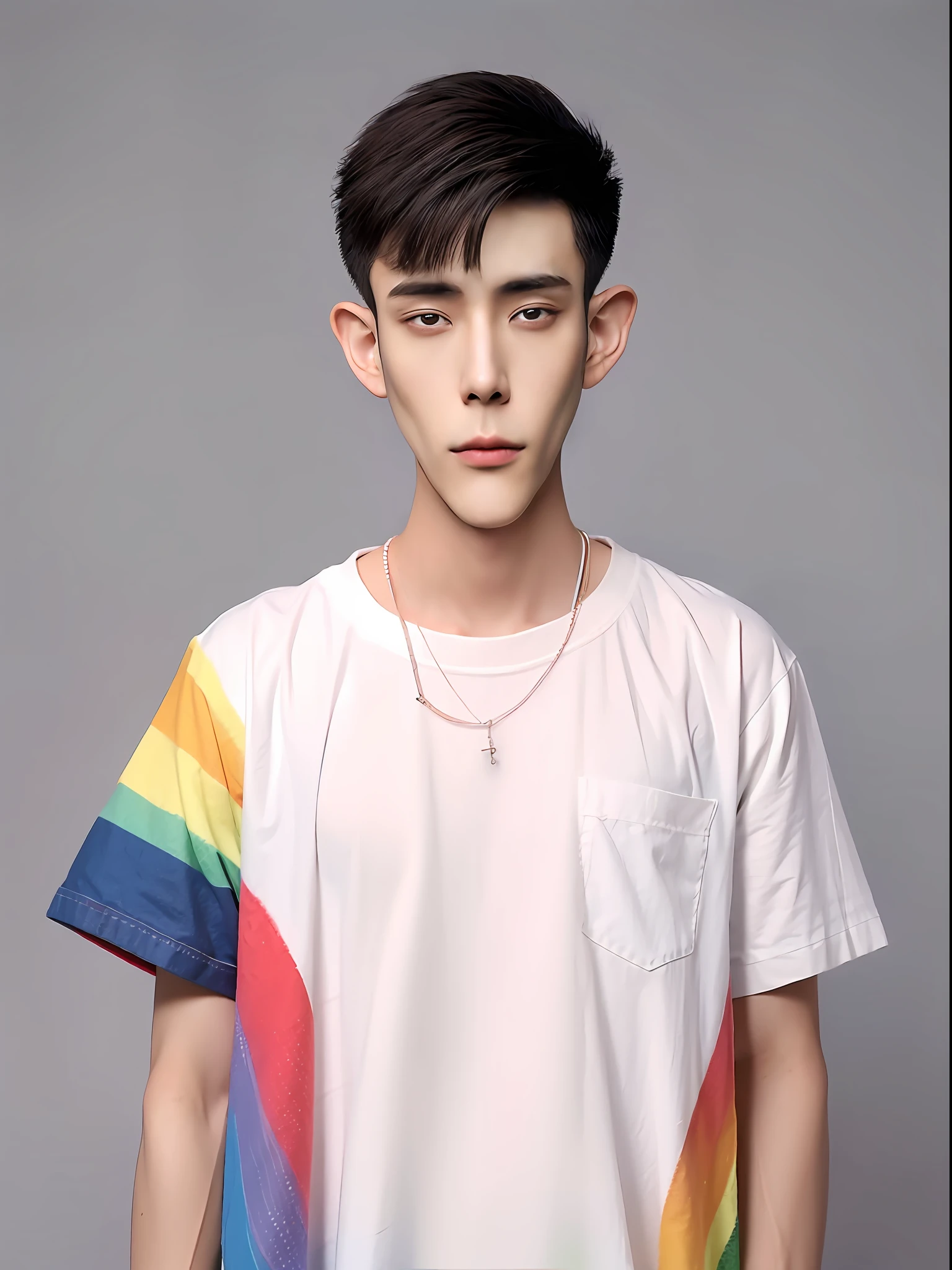 Chinese boy，Wear short sleeves of rainbow cotton cotton，There are pockets