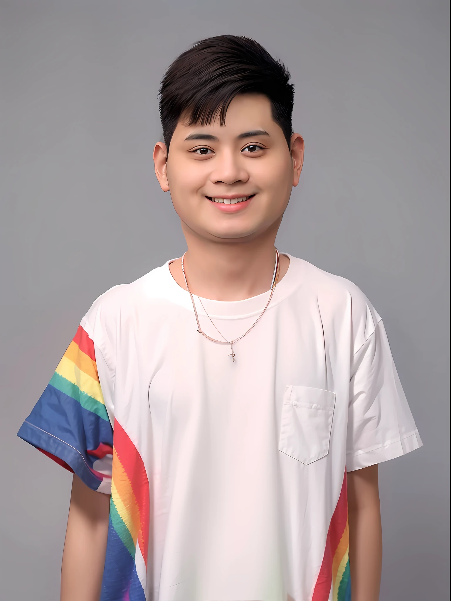 Chinese boy,Wear short sleeves of rainbow cotton cotton,There are pockets