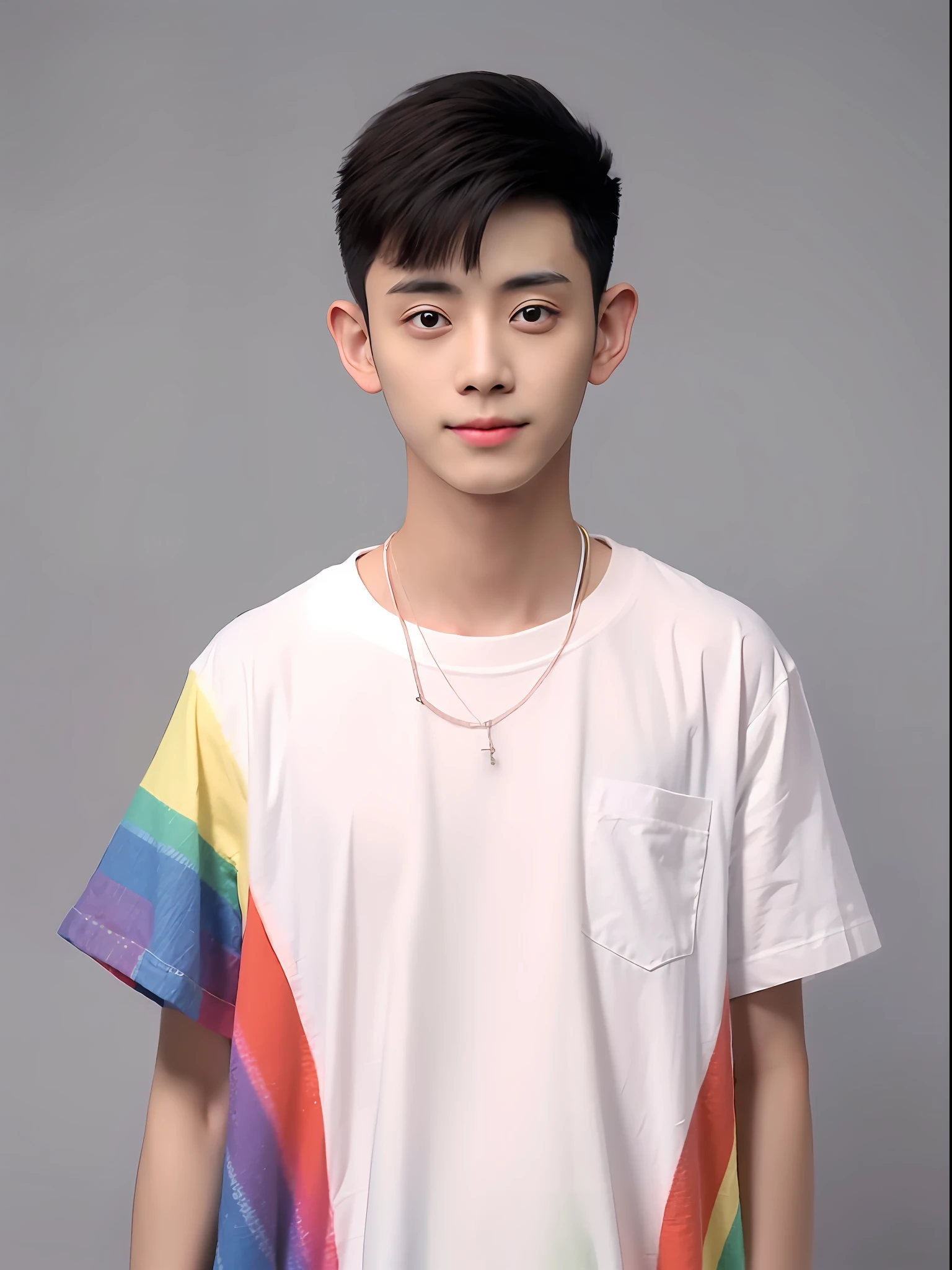 Chinese boy,Wear short sleeves of rainbow cotton cotton,There are pockets