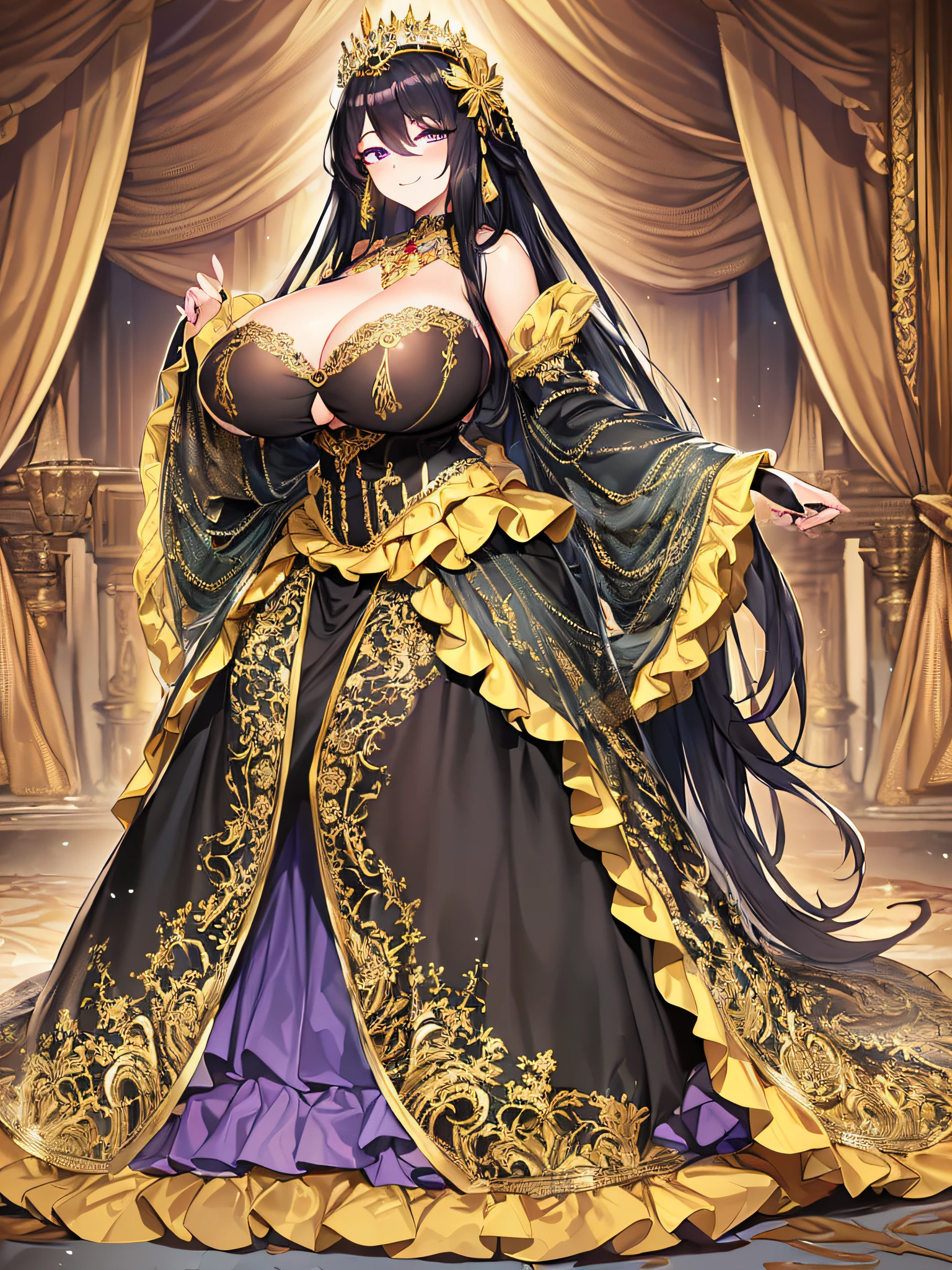 ((anime artstyle)),(Masterpiece),(Best Quality), (Super Detail),((Very Delicate and Beautiful)),((Solo)),((full body)),((1 arrogant Empress in black and gold gorgeousfull rococo dress with voluminous skirt)),detailed face and eyes,jewel-like eyes,(arrogant),(((haughty smile))),(Purple eyes),Sharp eyes,((voluminous Very Long black Hair,Straight Hair)),((Bangs between eyes)),(((gigantic tits,Long tits))),curvy,skindentation,((gorgeousfull embroidery and lace)),gorgeous corsage,See-through,gorgeousfull hair ornament,gorgeousfull glitter jeweled tiara,ornate ruffles,((full body)),((hoop skirt,crinoline)),Dynamic Angle,Looking at viewer,(((gorgeous embroidery black and gold gorgeousfull rococo dress with voluminous skirt)),full body