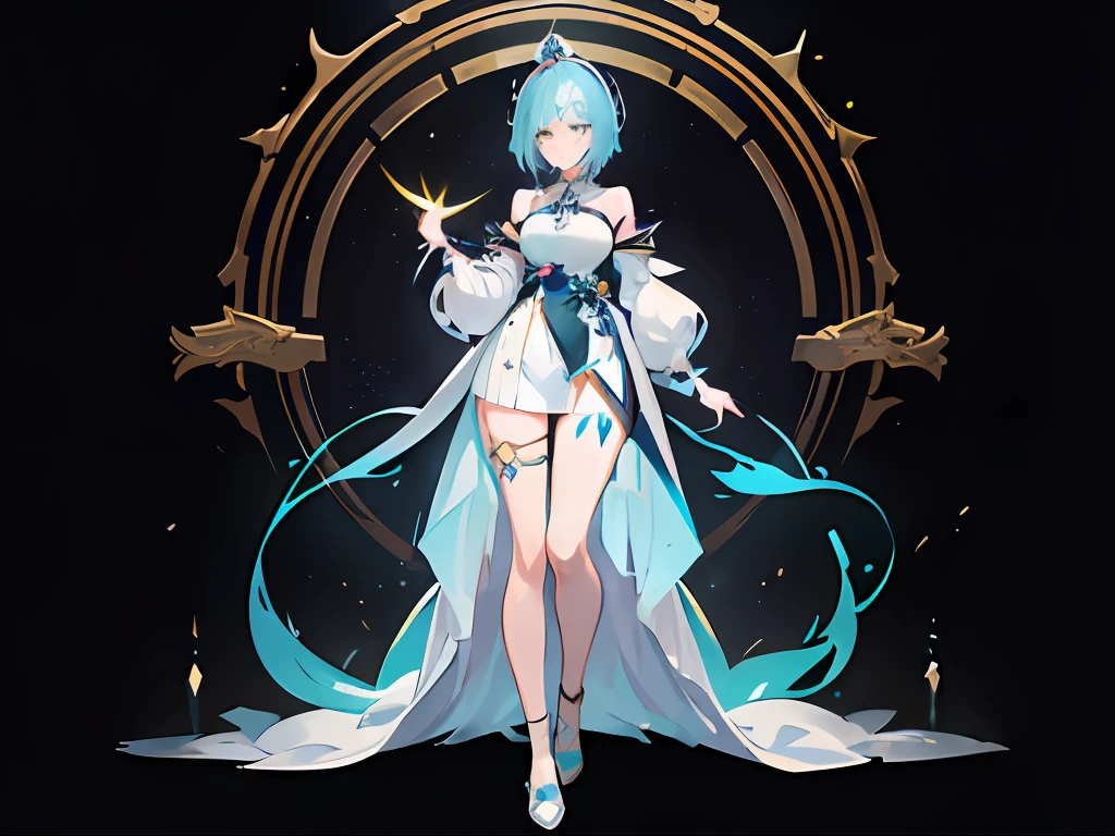 anime - style image of a woman with blue hair and a white dress, best anime 4k konachan wallpaper, portrait knights of zodiac girl, keqing from genshin impact, genshin impact character, anime art wallpaper 4 k, anime art wallpaper 4k, cushart krenz key art feminine, detailed key anime art, genshin, GenshinAvatar, ((full body)), (a woman with poofy short cyan hair and yellow eyes:1.4), highly_detailed, illustration, portrait, (((masterpiece))),(((bestquality))), (black_background:1.4), simple_background, highly intricate accessories, highly intricate clothes, white dress, gold trim, Lightblue hair, bright color, earrings, armor, ((shoulder armor)), hairband, fear expression