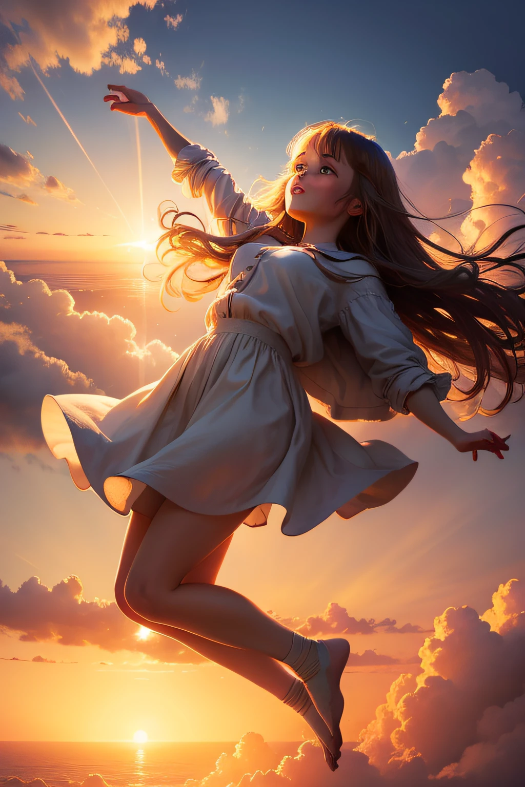 masterpiece, best quality, movie still, 1girl, cloud girl, floating in the sky, close-up, bright, happy, warm soft lighting, sunset, (sparks:0.7)