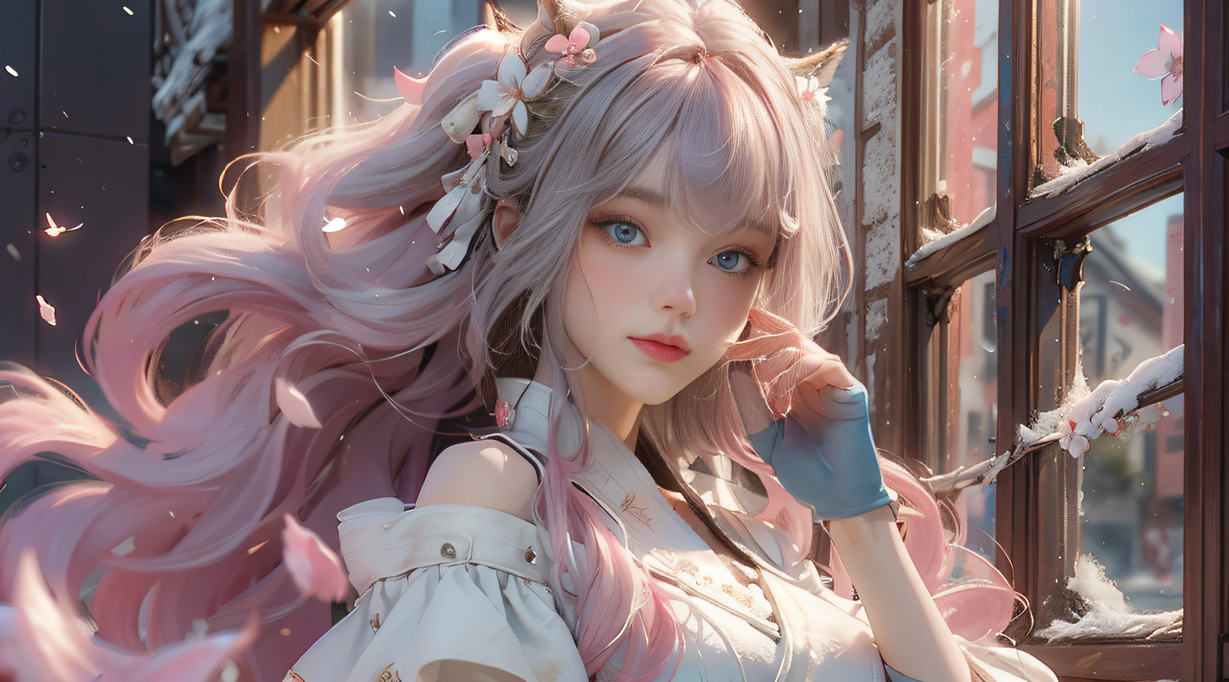 （（best qualtiy））， （（tmasterpiece））， （detail：1.4）， Beautiful cyberpunk female images，hdr（HighDynamicRange），Ray traching，NVIDIA RTX，Hyper-Resolution，illusory 5，sub surface scattering，PBR textures，post-proces，Anisotropy Filtering，depth of fields，maximum definition and sharpness，Many-Layer Textures，Albedo e mapas Speculares，Surface coloring，Mitsu-Accurate simulation of material interactions，perfectly proportioned，rendering by octane，Two-colored light，largeaperture，Low ISO，White balance，Rule three points、8K raw data、Beautiful bright blue pupils，off-the-shoulder clothes，Fine pupils，Delicate face and eyes，long eyelasher，Blushlush，Delicate and fluffy hair，pink lip，Pure，Cute face，Sweet girl，Artistic sense，Casual wear，Advancedsense，butterflys，Cherry blossom petal，Beautiful hair accessories，Long hair and waist，Hair fluttering in the wind，Snow-white fox ears，curlies，Snow-white fluffy tail，Positive light，The light from the back window is backlighted