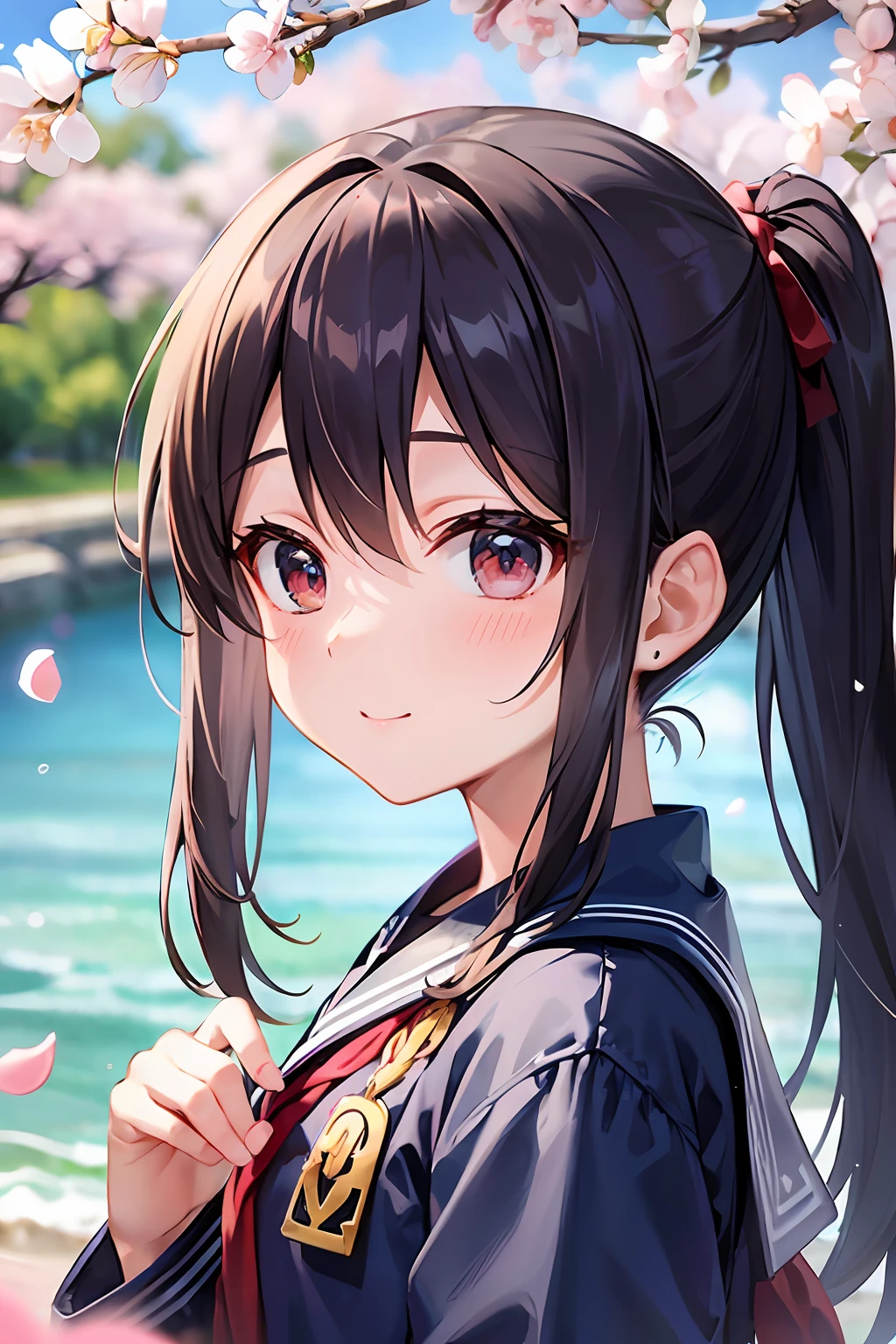 red blush、cute little、(详细的脸)、poneyTail、Light smile、Looking at the camera、The upper part of the body、((dark blue sailor suit uniform))、Sunnyday、a river、(cherry trees)、blue-sky、Double peace、