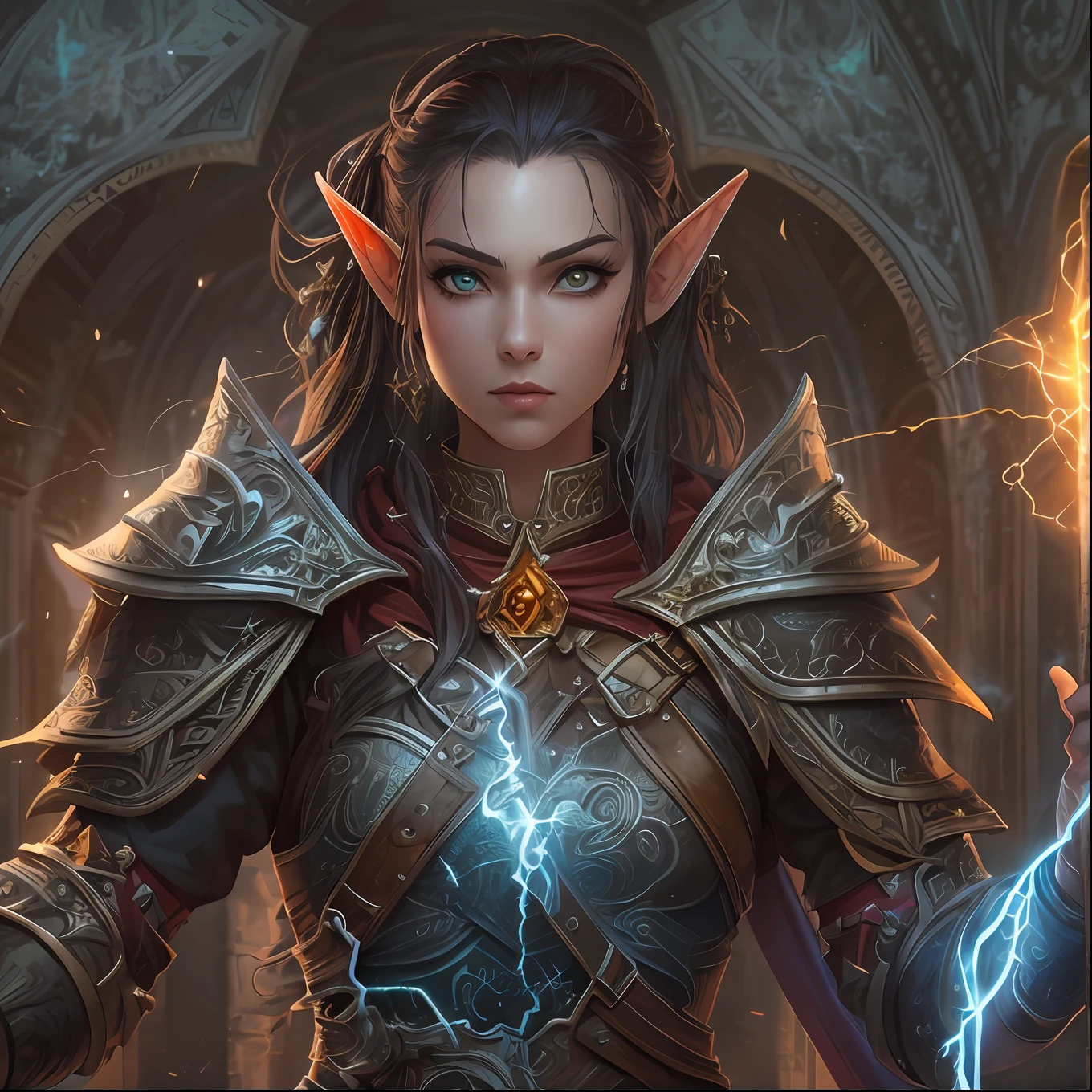 high details, best quality, 8k, [ultra detailed], masterpiece, best quality, (extremely detailed), dynamic angle, ultra wide shot, photorealistic, fantasy art, dnd art, rpg art, realistic art, an ultra wide picture of female elf cleric, holding a hammer, hammer with  lightning sigils (1.5 intense details, Masterpiece, best quality), red cloak (1.5 intricate details, Masterpiece, best quality), holy lightning, casting a spell, yellow magical lightning (1.5 intricate details, Masterpiece, best quality), wearing black armor, plate mail armor, elven armor, holy symbol, blue light from symbol, black hair (1.5 intense details, Masterpiece, best quality), short hair, small pointed ears, intense eyes, green eyes, D&D female elf (1.5 intricate details, Masterpiece, best quality) fantasy temple background, lightning storm background, ((divine worship atmosphere)), high details, best quality, highres, ultra wide angle