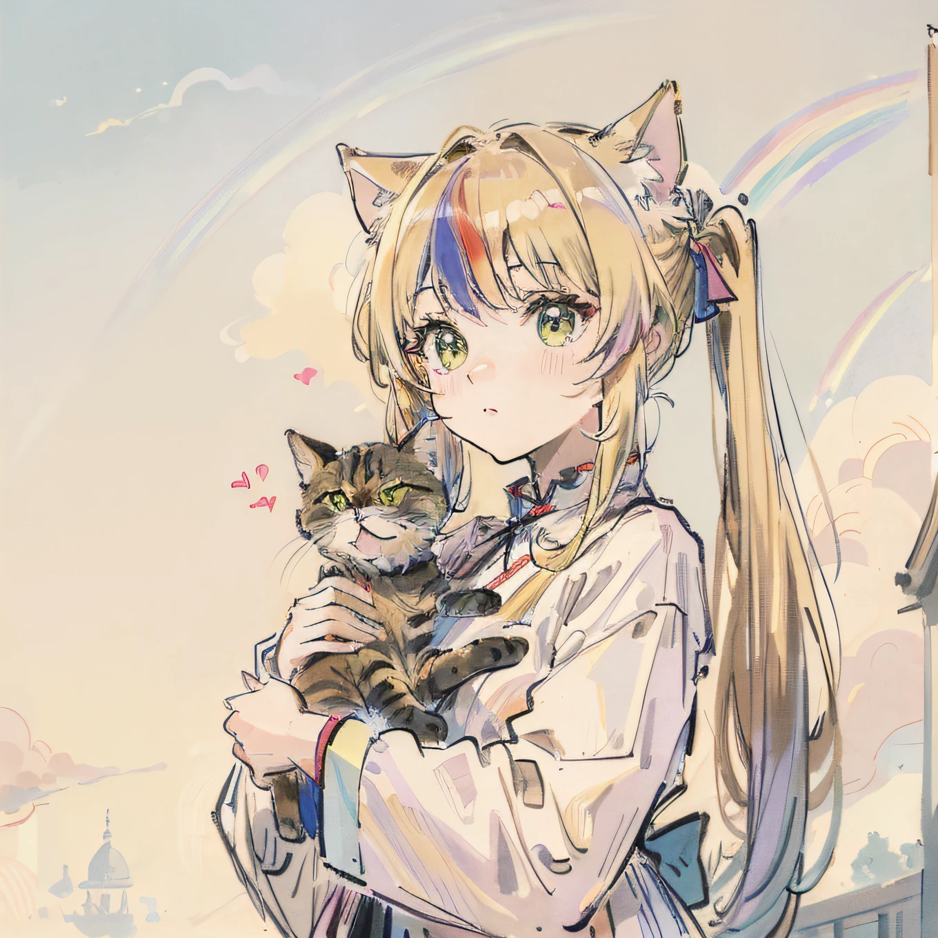 (top-quality、masterpiece)、A stunning、Take a cute cat、a blond(rainbow-colored hair)、(Twin-tailed)