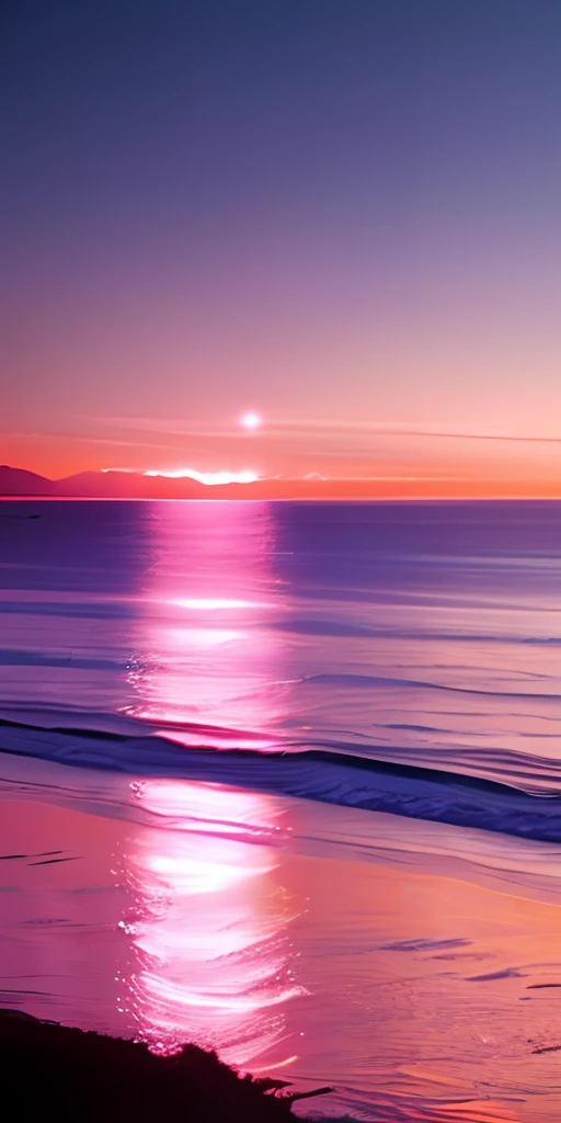Pink moon, pink sky, soft pink clouds, pink ocean waves sparkling, sparkling, pink roses on pink ocean, fantasy, diamond, crown, universe, soft lights,