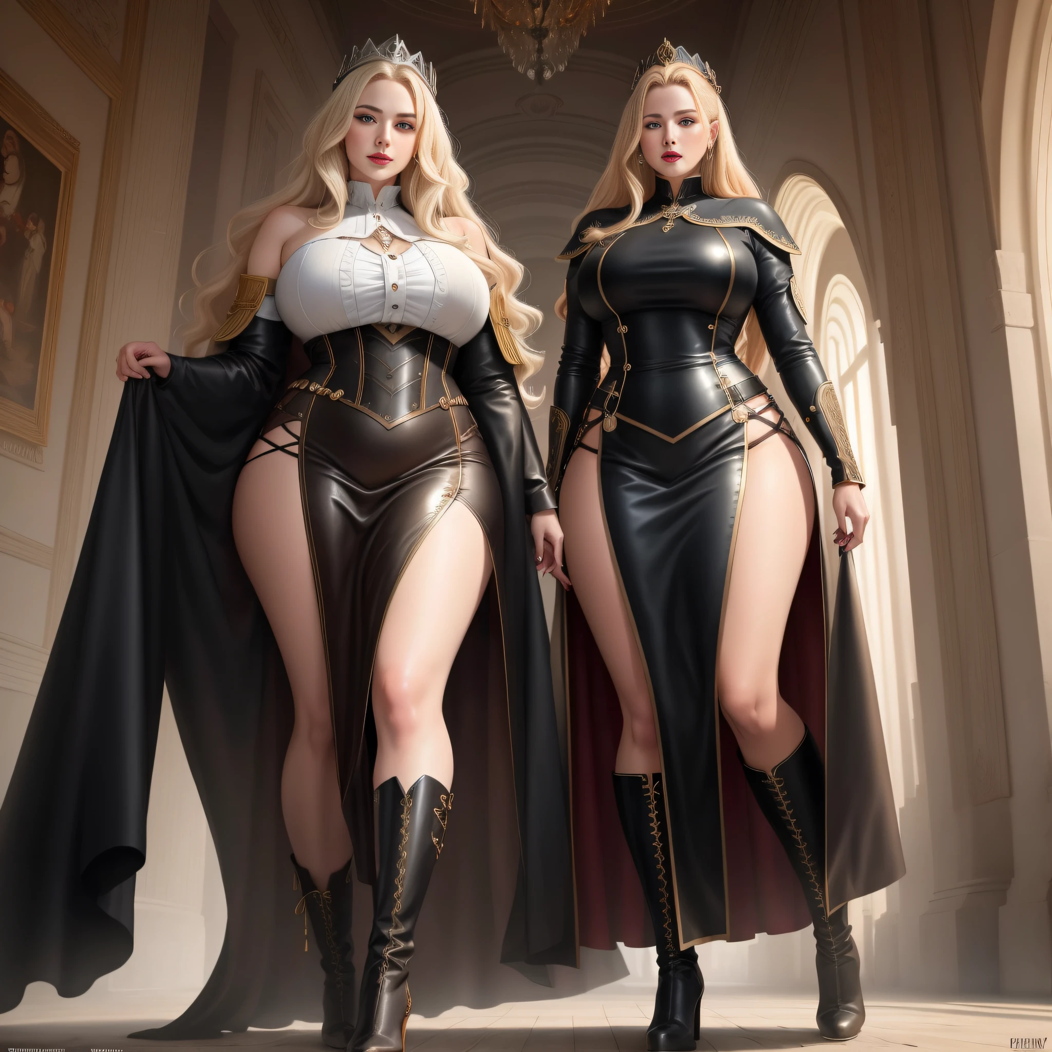 Big woman with a toned figure((1 mature female,Queen temperament,tmasterpiece,best qualityer,Hyper-detailing,illustratio,Fine and detailed eyes and detailed face) garments:Tall and tall,The blonde,Wearing all black leather,Lipstick and boots with a touch of blue,Expose the boots,General of special forces, allure:(Tall:1.4),Women in European and American style,haughty、Cold,Mature temperament,Ruby eyes,,Apply blood-red lipstick to the lips,Wide buttock,a matural female,独奏,(curves:1.1),(big assa:1.4),(Thick thighs:1.4),Majesty,Background inside an uninhabited palace,are standing,(alone,single,solo,only one,one character)