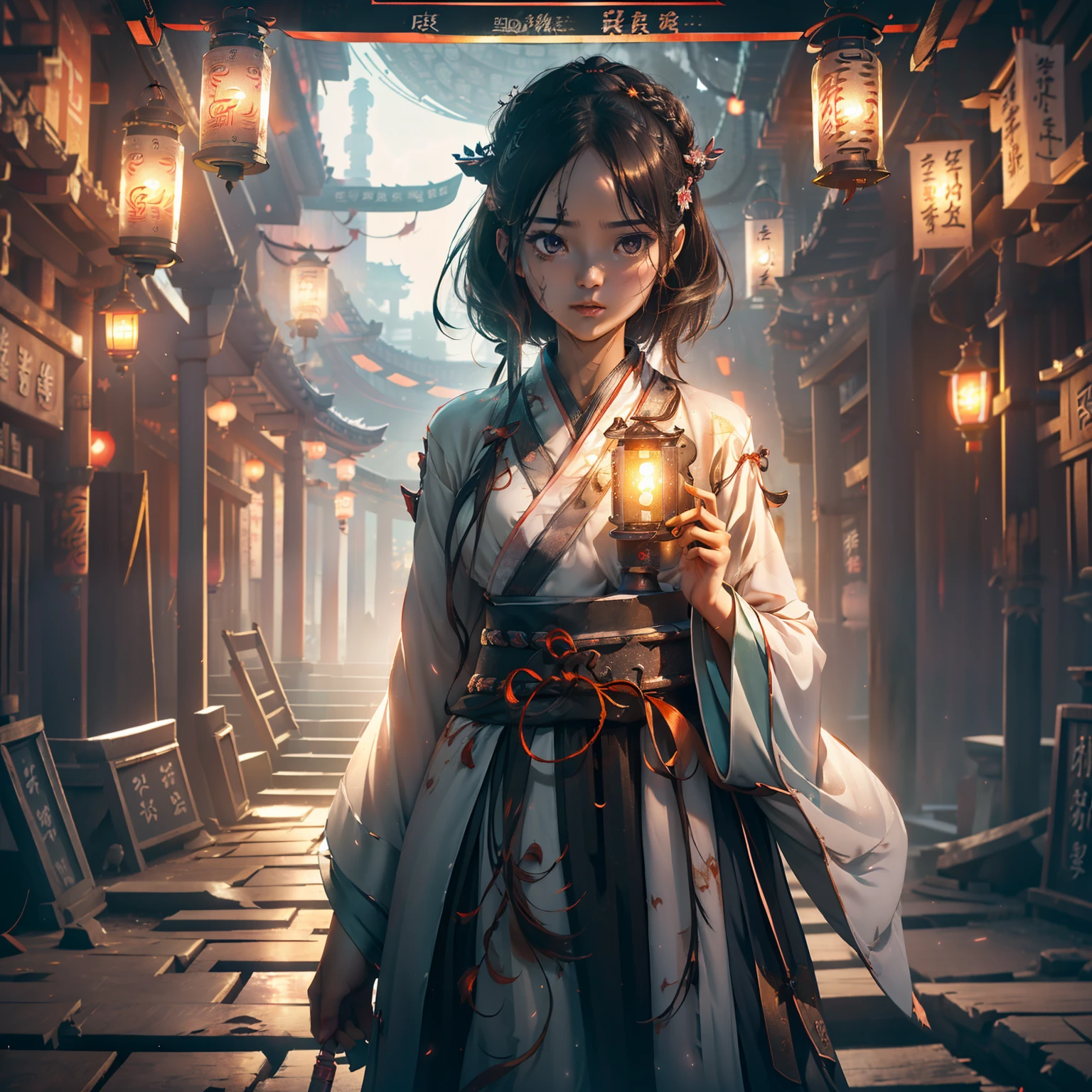 Very cute girl,G Cup Breasts,(Hanfu:1.6),(Hunfu skirt:1.3),(Bewitching:1.5),(The light of the mysterious lanterns shines:1.4),,a short bob,(A crumbling abandoned temple with peeling paint:1.5),(dark sky:1.8),(top-quality:1.4) ,Melancholy look,(Prone to downcast eyes:1.4),Look away,(Vague and ephemeral:1.4),(Otherworldly:1.1),Less ambient light、Strong reflection,Slender eyes,(Mysterious Beauty:1.4),(Lantern light illuminating a shadowy face:1.4),(underlighting:1.3),