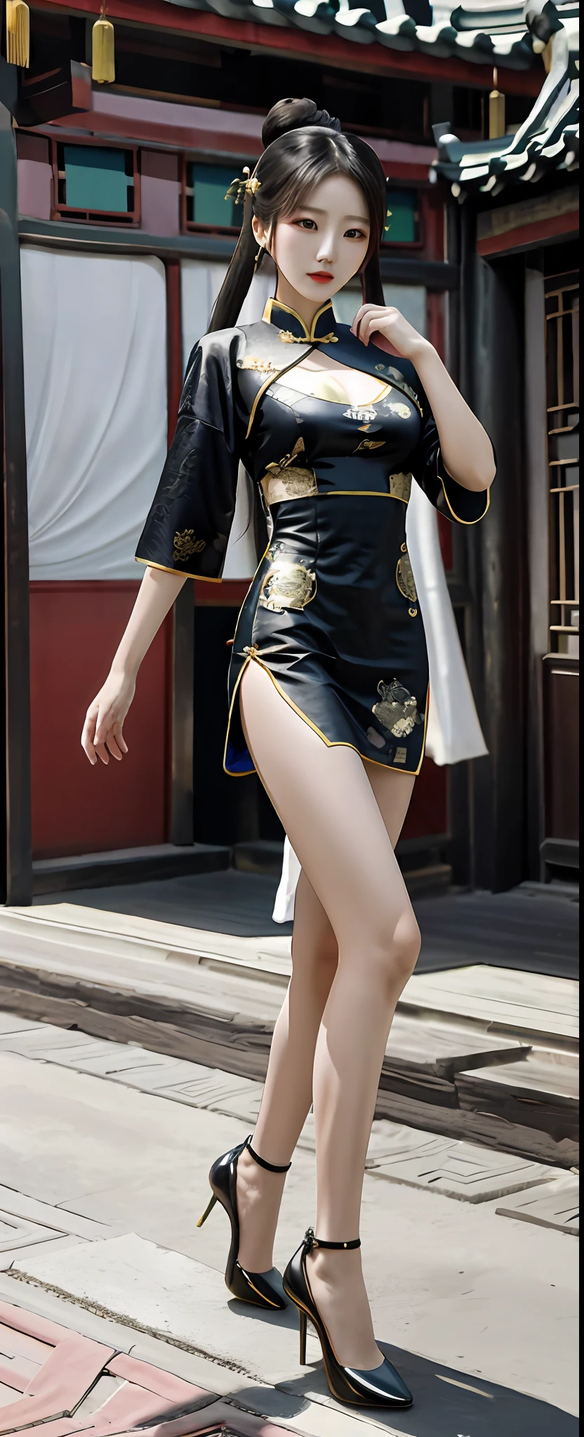 China-style,Raised sexy,Chinese-style clothes,Slender long legs,Full body like,high-heels,Chest half exposed,Ancient Chinese street scene