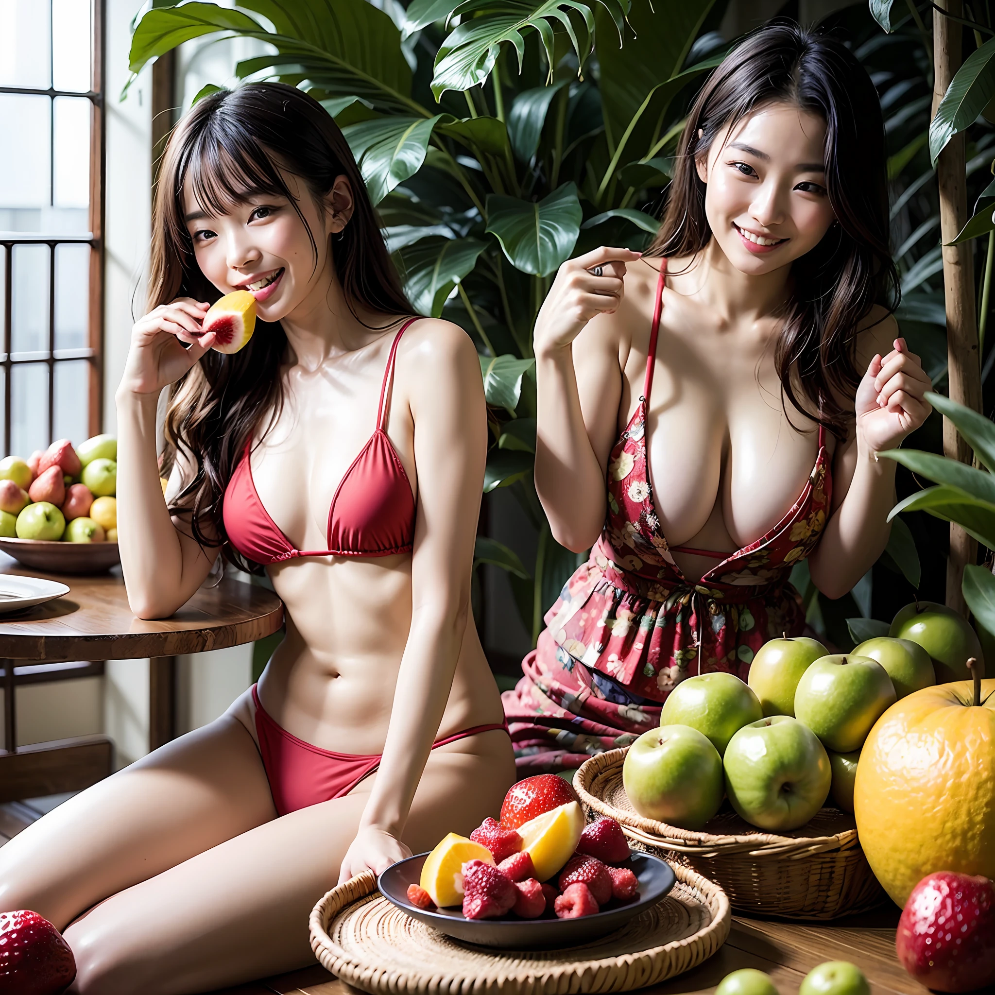 ​masterpiece、top-quality、realisitic、Photorealsitic、Fruit-themed paradise、Japan woman in fruit sexy swimsuit、、eating fruit、Surrounded by a large number of fruits、Fruit Tower、Bright décor、A smile、Joy、dynamic ungle、动态照明