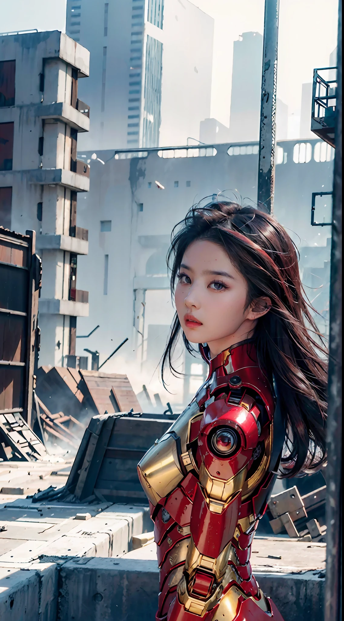 RAW，tmasterpiece，ultra fine photos，，best qualtiy，超高分辨率，Photoreality，rays of sunshine，full-body portraits，stunningly beautiful，，dynamicposes，delicated face，vibrant eyes，（seen from the side），She wears a futuristic Iron Man mech，Red and gold color scheme，Very detailed abandoned warehouse background，detailed face with，Detailed and complex busy background，untidy，opulent，milkyW，Highly detailed skin，Realistic details of skin，Visible Pore，tack sharp focus，volume fog，8k uhd，digital SLR camera，high qulity，filmgrain，White skin of the，photo-realism，lomography，Huge metropolis in a dystopia of the future , look from down, semi transparent，Incredibly sexy