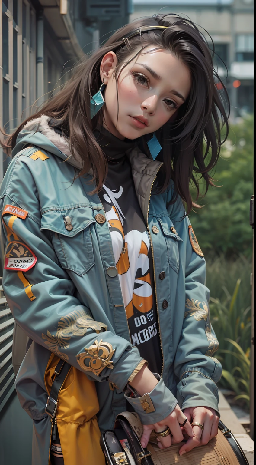 Beautiful woman in intricate Urban Streetwear Outfit