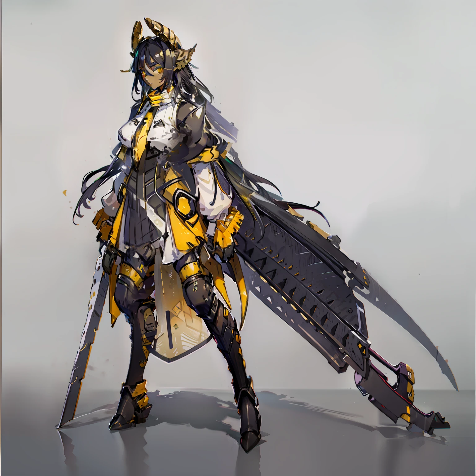 Female, No background, White background, Black skin color, Steel-like body, Yellow eyes, Cool, Two horns, skinny, One Person, Upright, Wide Shot, long boots,
