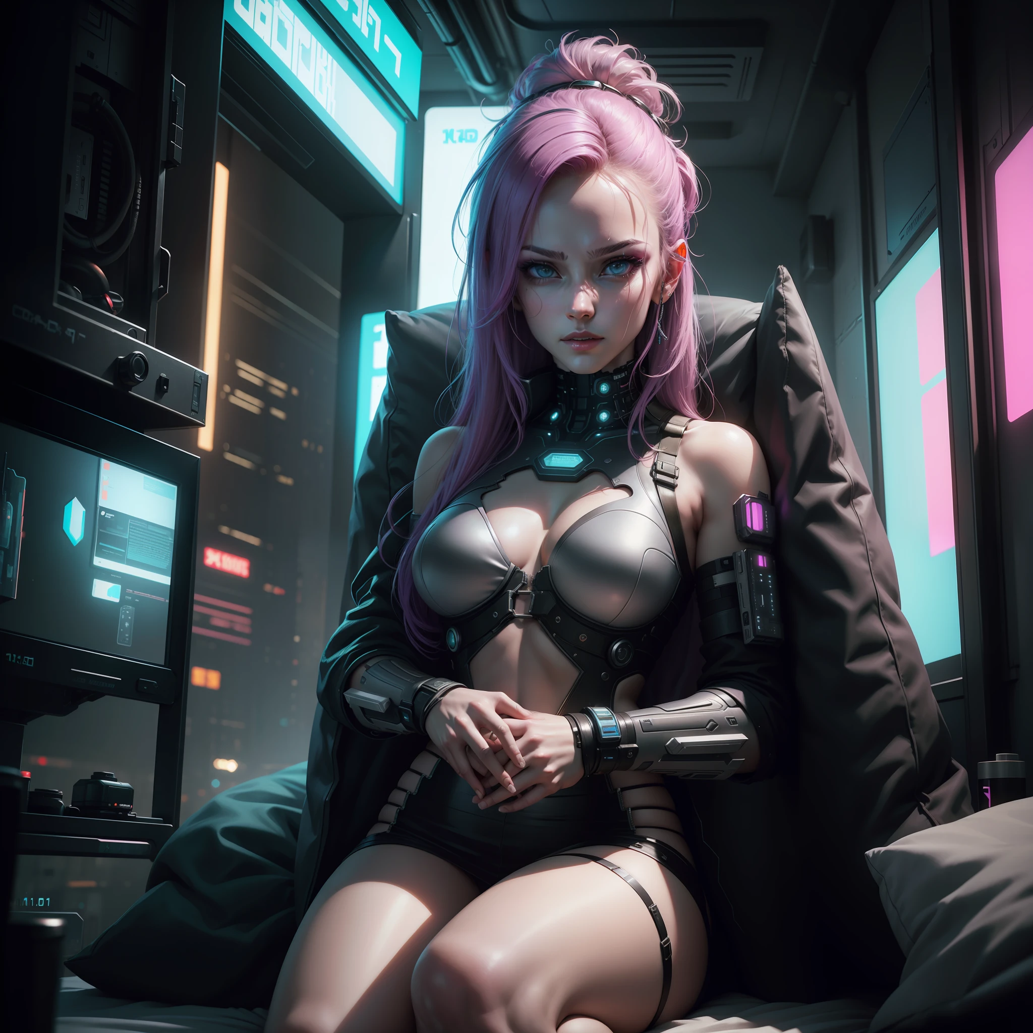 (cyberpunk: 1.4), (realism: 1.4), (best quality: 1.0), (super high resolution: 1.0), 8k, RAW photo, (masterpiece: 0.2), super detailed, 1girl, pale Skin, detailed skin, looking at the viewer, pillow, on the bed,