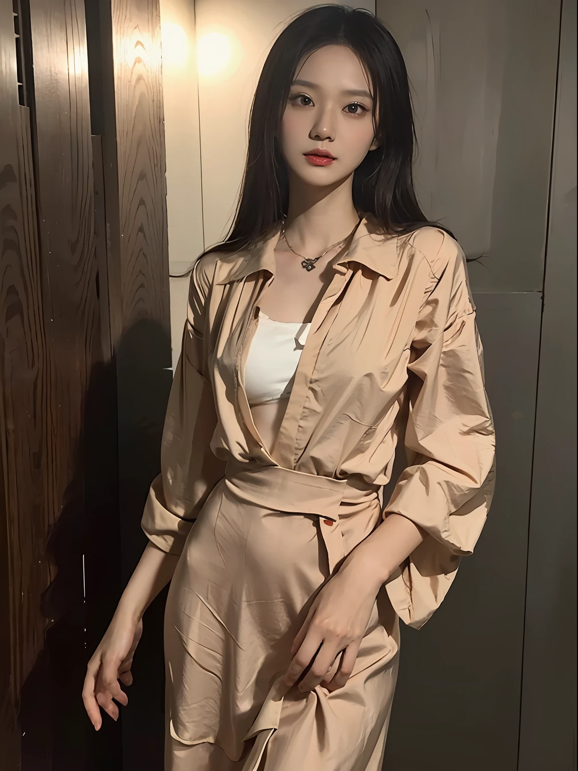 Asian woman in brown dress standing in darkness, digital art inspired by Ai Xuan, Tumblr, Digital art, Mysterious woman, a still of an ethereal, Night, pale robe, during night, portrait of female humanoid,full bodyesbian