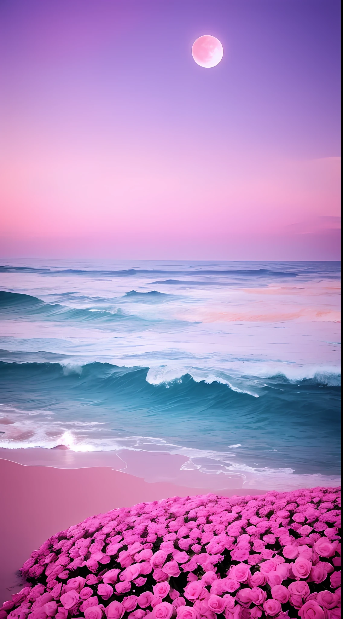Pink moon, pink sky, soft pink clouds, pink ocean waves sparkling, sparkling, pink roses on pink ocean, fantasy, diamond, crown, universe, soft lights,