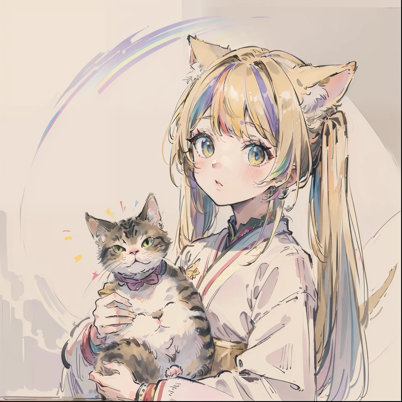(top-quality、masterpiece)、A stunning、Take a cute cat、a blond(rainbow-colored hair)、(Twin-tailed)