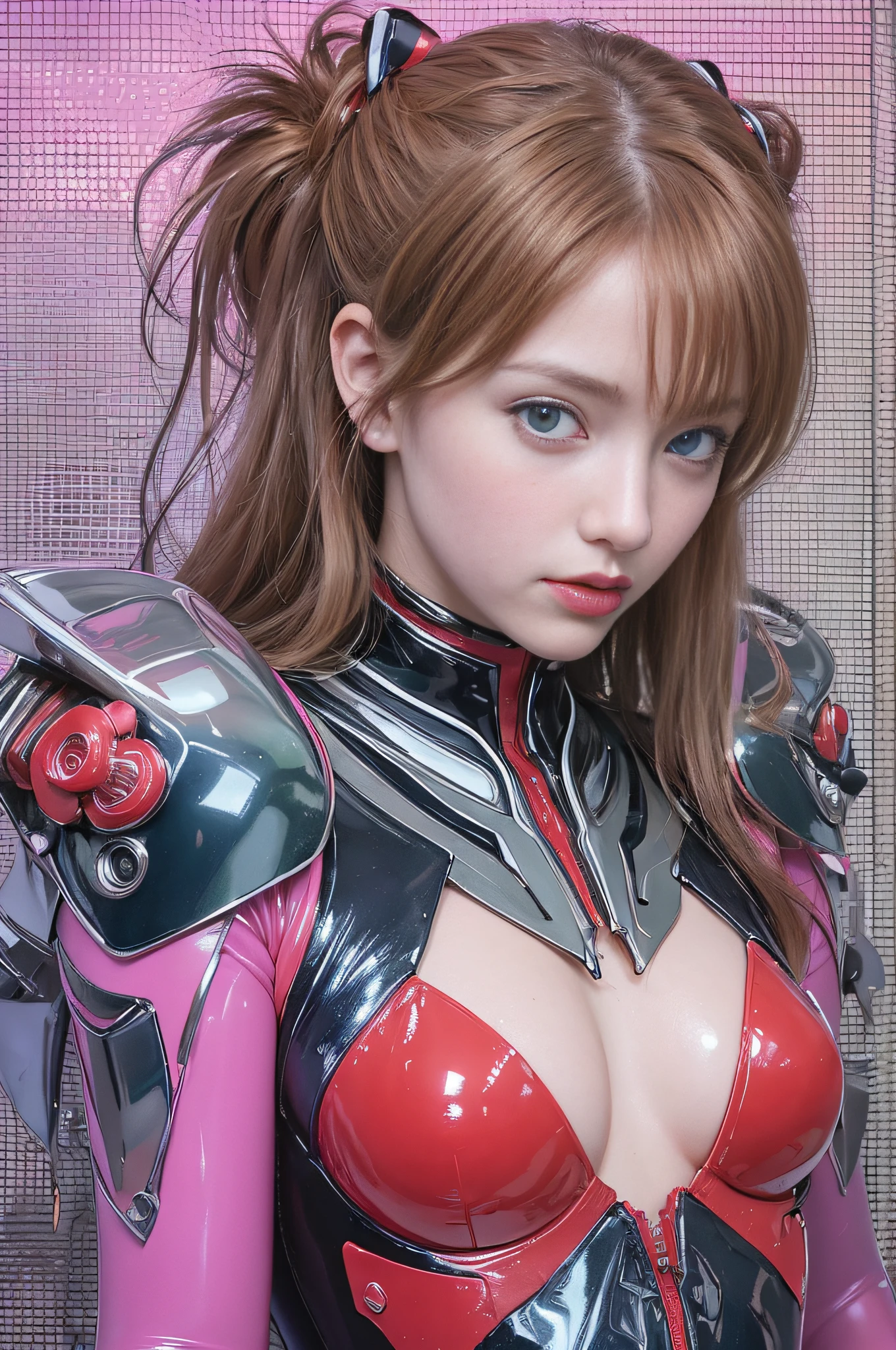 top-quality、masterpiece、超A high resolution、(Photorealsitic:1.4)、Raw photography、(女の子1人)、glowy skin、Asuka Langley、((super realistic details))、portlate、globalillumination、Shadow、octan render、8K picture quality、ultrasharp、highly intricate detail、Realistic light、CGSoation Trends、Almond-shaped sky blue eyes、radiant eyes、Facing the camera、pink lipsticks、(Colossal tits)、cleavage of the breast、(Ultra-thin latex aska plug suit:1.4)、(Hard erection:1.2)、( looking upwards:1.2)、neon details、sitting on、(underbustvisible)、(Mechanical Color)、(Mechanical Bangle)、(Futuristic Hair Band)、Evangelion、Small LED lamp、Detailed CG image quality、Purple neon lighting、Green neon lighting