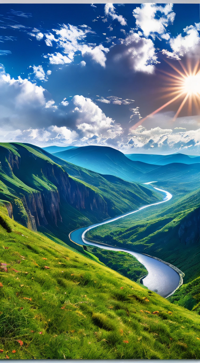 Masterpiece, ultimate quality, Cg unity 8k wallpaper, super delicate, beautiful sky and clouds, rich natural scenery, cliffs, lakes and rivers, waterfalls and flying water, beautiful green mountains, no trace of people, excellent scenery, has already won a photo contest, background Blurring, full depth of field, HDR high dynamics, true restoration, intricate, extreme details, dramatic presentation, perfectly presenting the style of midjourney art.