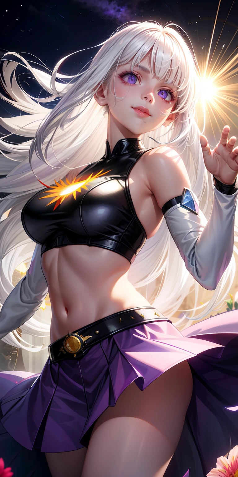 realisticlying，1girll，White hair，Purple eye，glowing light eyes，Cut the top，Superskirt，parted lip，Be red in the face，the night，fresh flowers，suns，rays of sunshine，ssmile，Bigchest