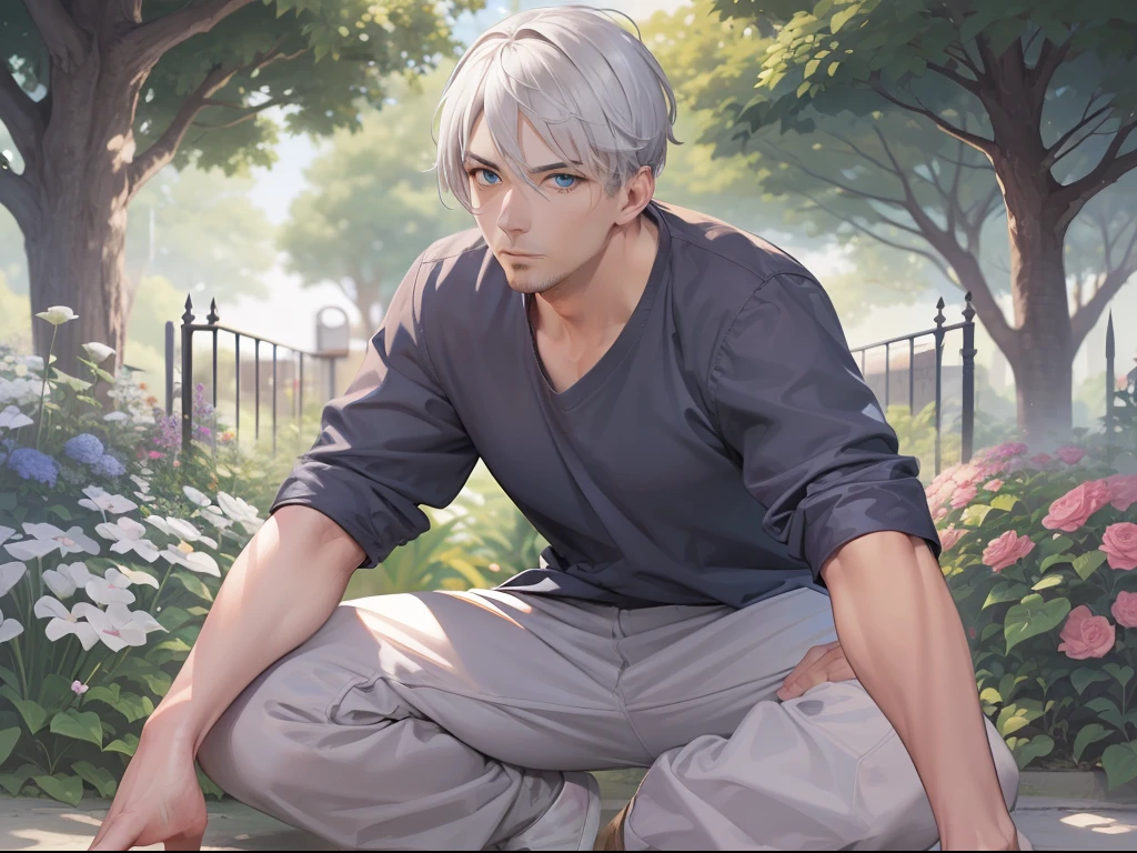 Best quality, tmasterpiece, Single full body, 38-year-old man, Tall, Short gray hair, blue color eyes, The expression is serious, In front of private garden