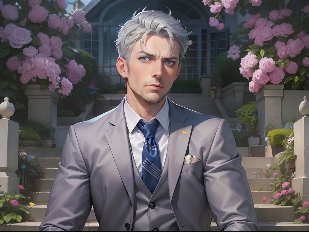 Best quality, tmasterpiece, Single full body, 38-year-old man, Tall, Short gray hair, blue color eyes, The expression is serious, In front of private garden