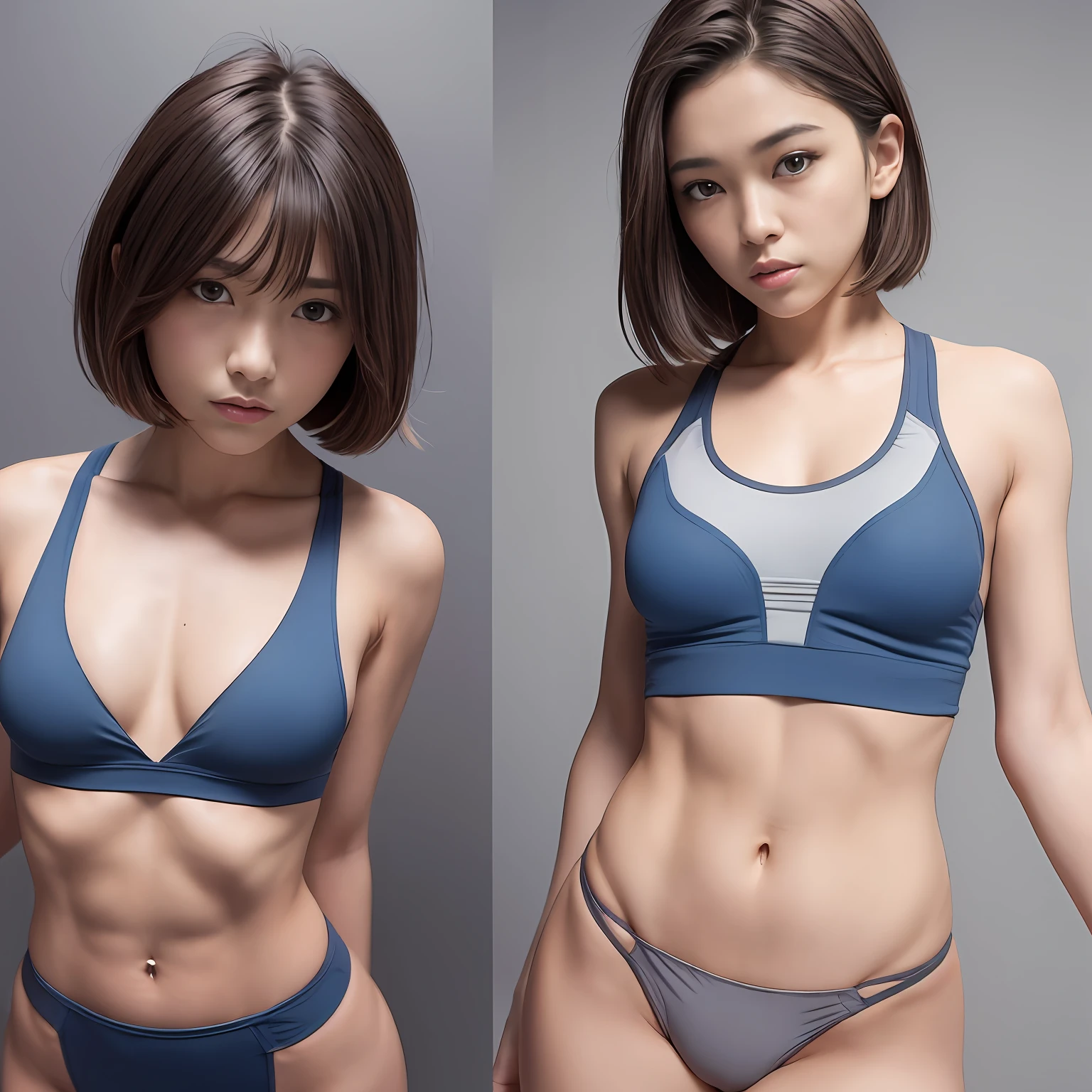 (Solo), (a detailed full-body RAW photo of a girl), (masutepiece:1.0), (Best Quality:1.4), (超A high resolution:1.2), (Photorealistic:1.4), 8K resolution, Canon EOS R5, 50 millimeters, absurderes, ultra-detailliert, (25-years old), Nipple Focus, Cinematic lighting, Detailed beautiful face, (no-makeup:1.2), (ulzzang -6500-v1.1), petite figure, Detailed skin texture, (flat chest:1.4), (skinny and fit body:1.6), Detailed brown hair, sweltering,(Very short hair:1.5), See Through wear, (Blue and gray Thin Competition Athletic Wear:1.5), More transparent titts, low rise, realistic glistening skin, Detailed texture, (No bra:1.5), stylish pose, (undressing), (nude:0.2), Very small, Cameltoe, well-developed abs,