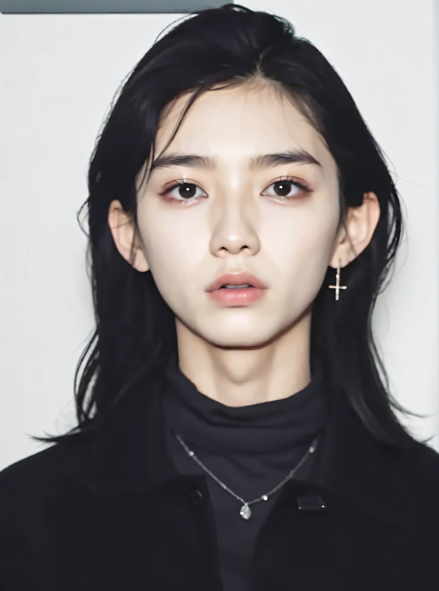 Close-up of a short-haired man in a black jacket, Shin Jinying, jaeyeon nam, Kim Do-young, 1 7 - year - old boy thin face, wan adorable korean face, young wan angel, cruel korean goth girl, jinyoung shin aesthetic, iu lee ji-eun as a super villain, Korean symmetrical face, joon ahn, Kim Tae-joon